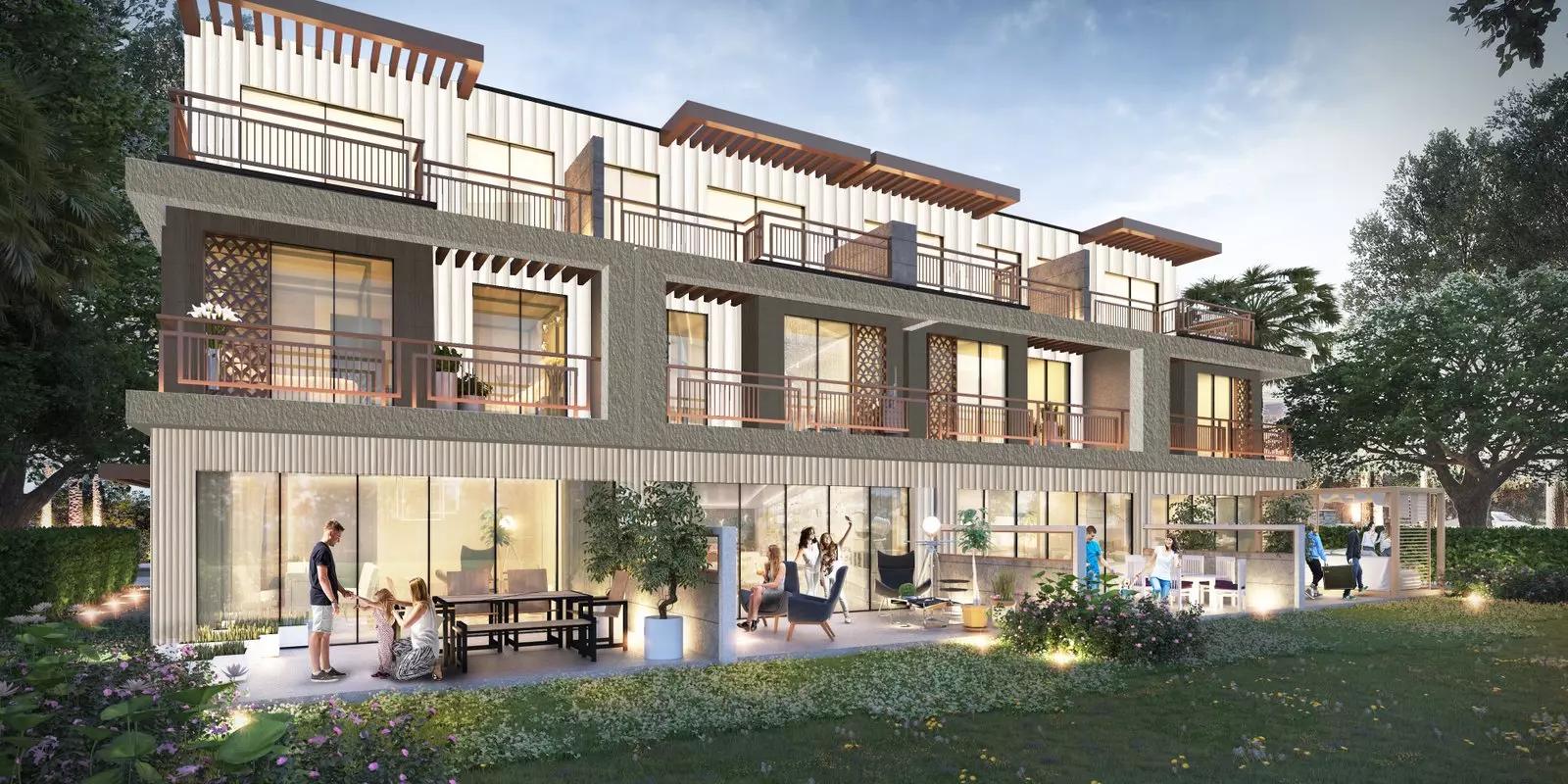 Camelia community street view with townhouse row, DAMAC Hills, Dubai