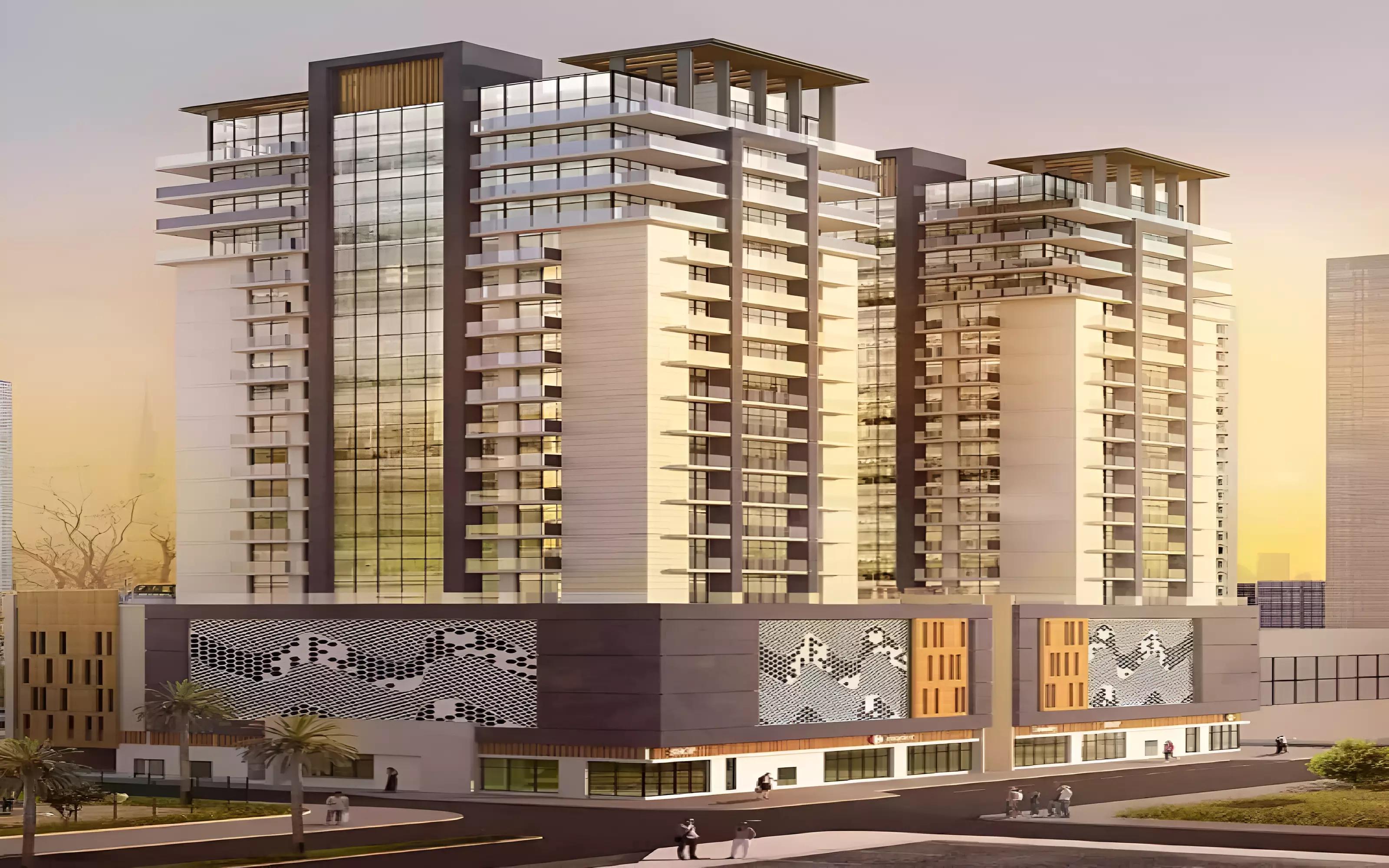 Park Boulevard residential facade detail with balconies, Dubai