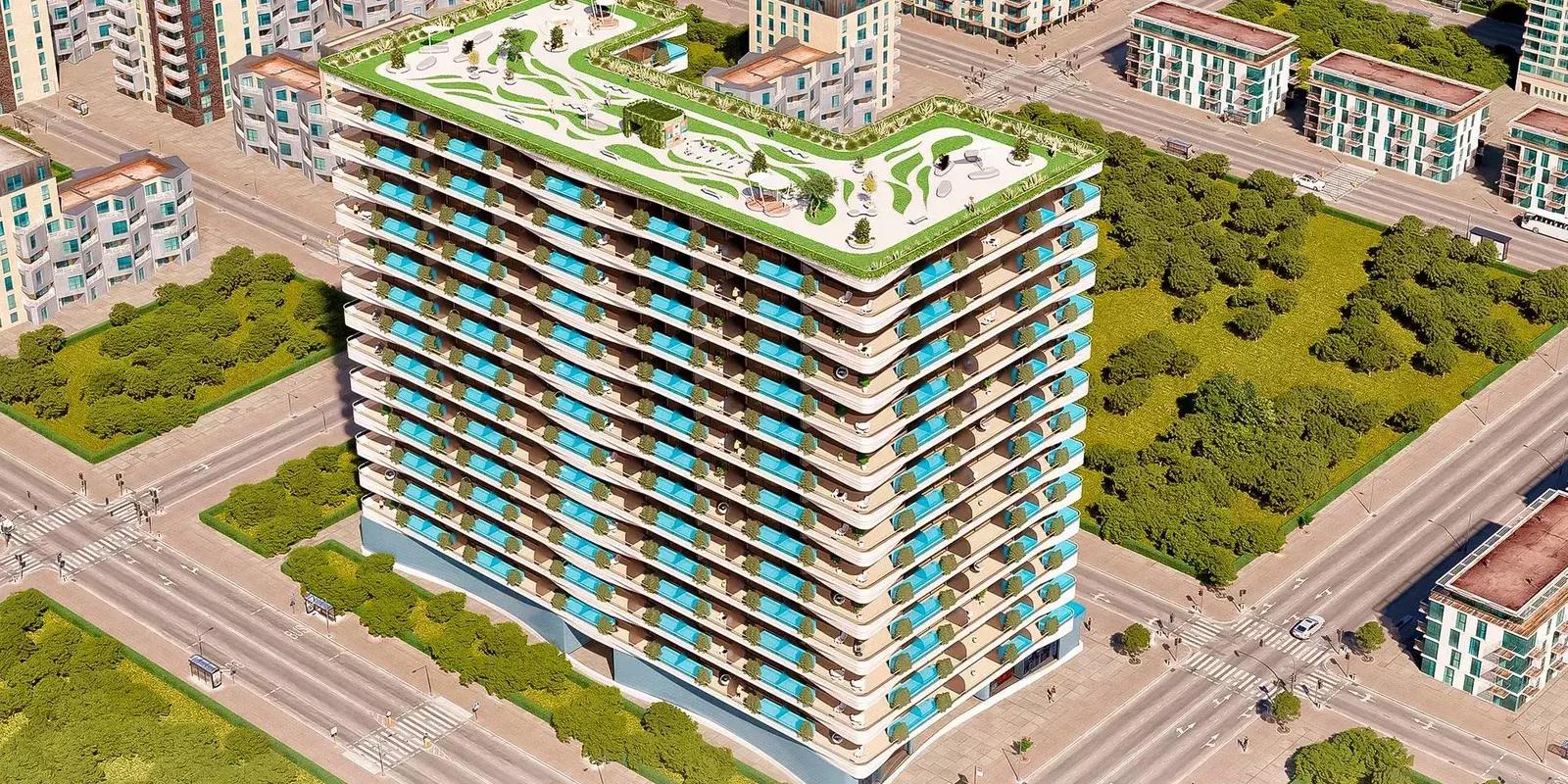 Samana IVY Gardens shared pool deck, Dubai Land Residence Complex