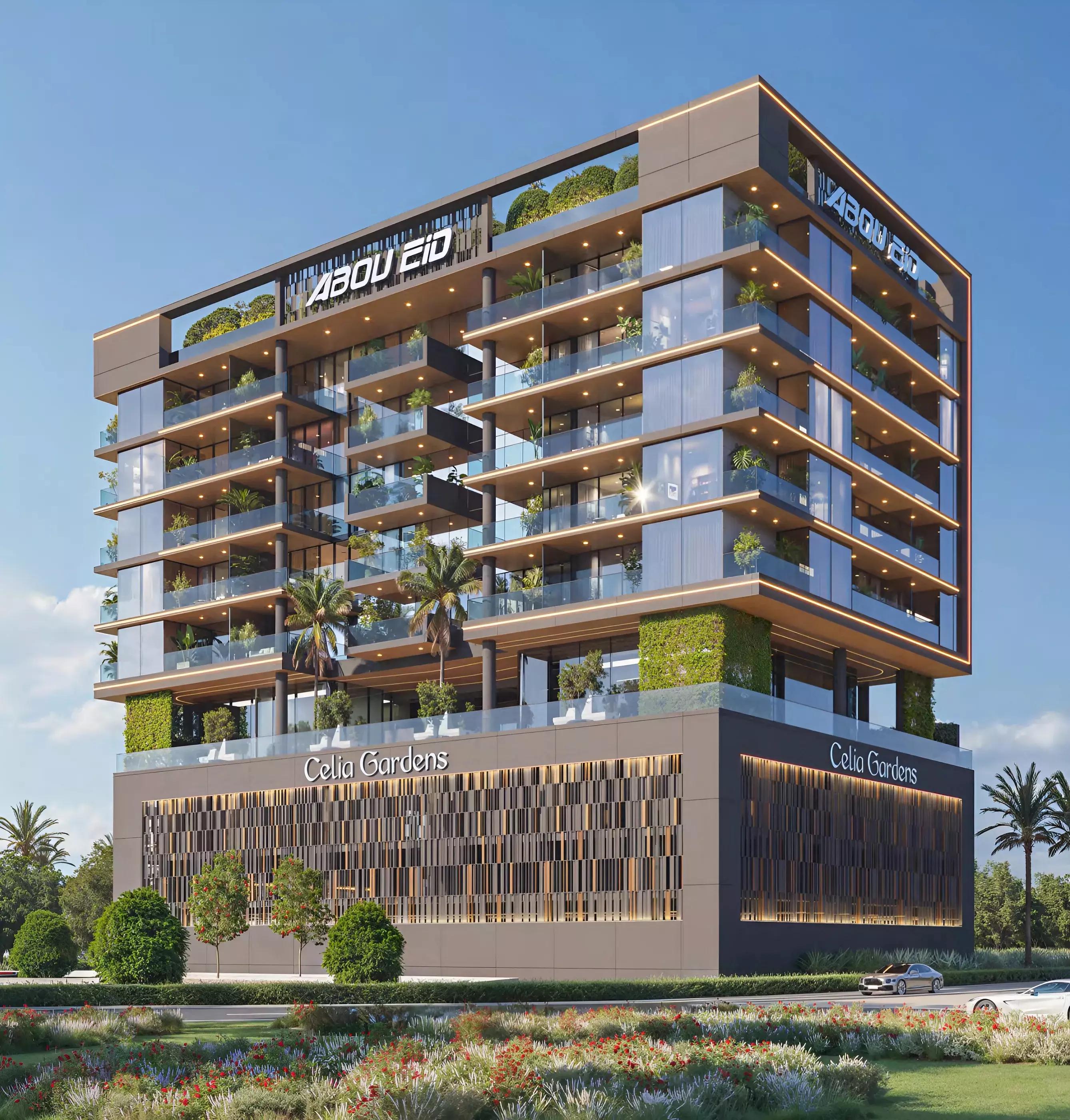 Celia Gardens facade and landscaped entrance, Nad Al Sheba, Dubai