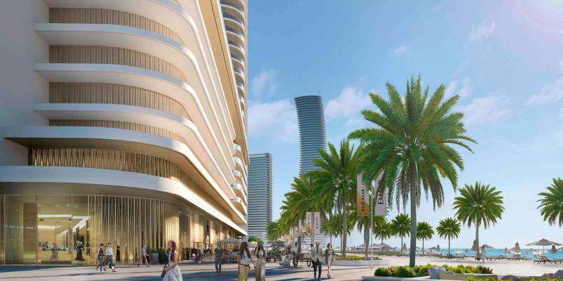 Grand Bleu Tower exterior facade on Emaar Beachfront, Dubai Harbour