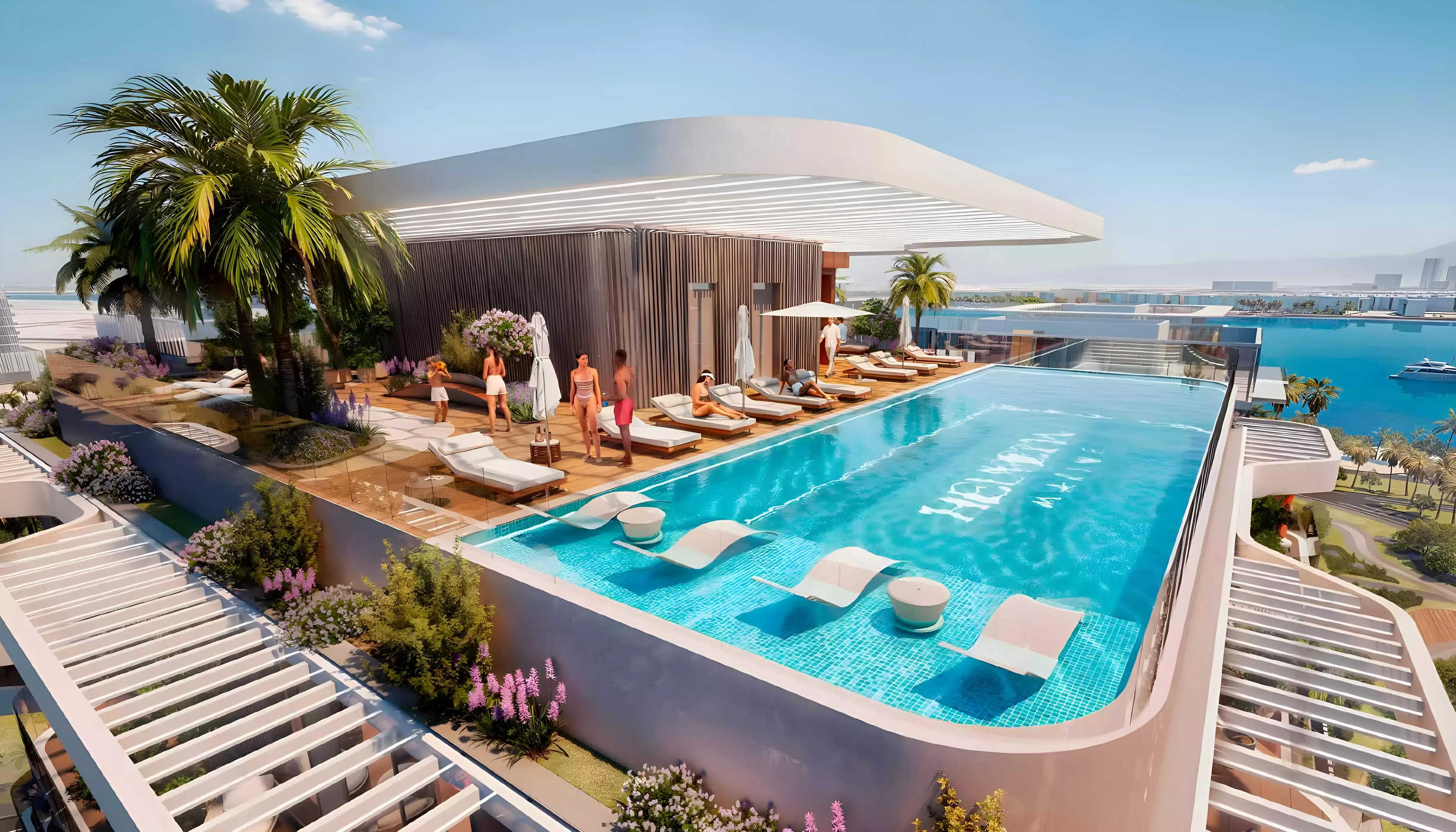 Helvetia Marine building render from waterfront angle, Dubai Islands