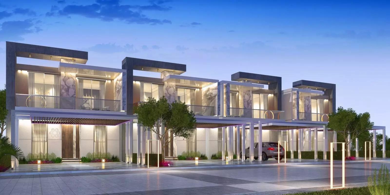 Royal Park South building elevation and entrance, Jumeirah Village Circle, Dubai