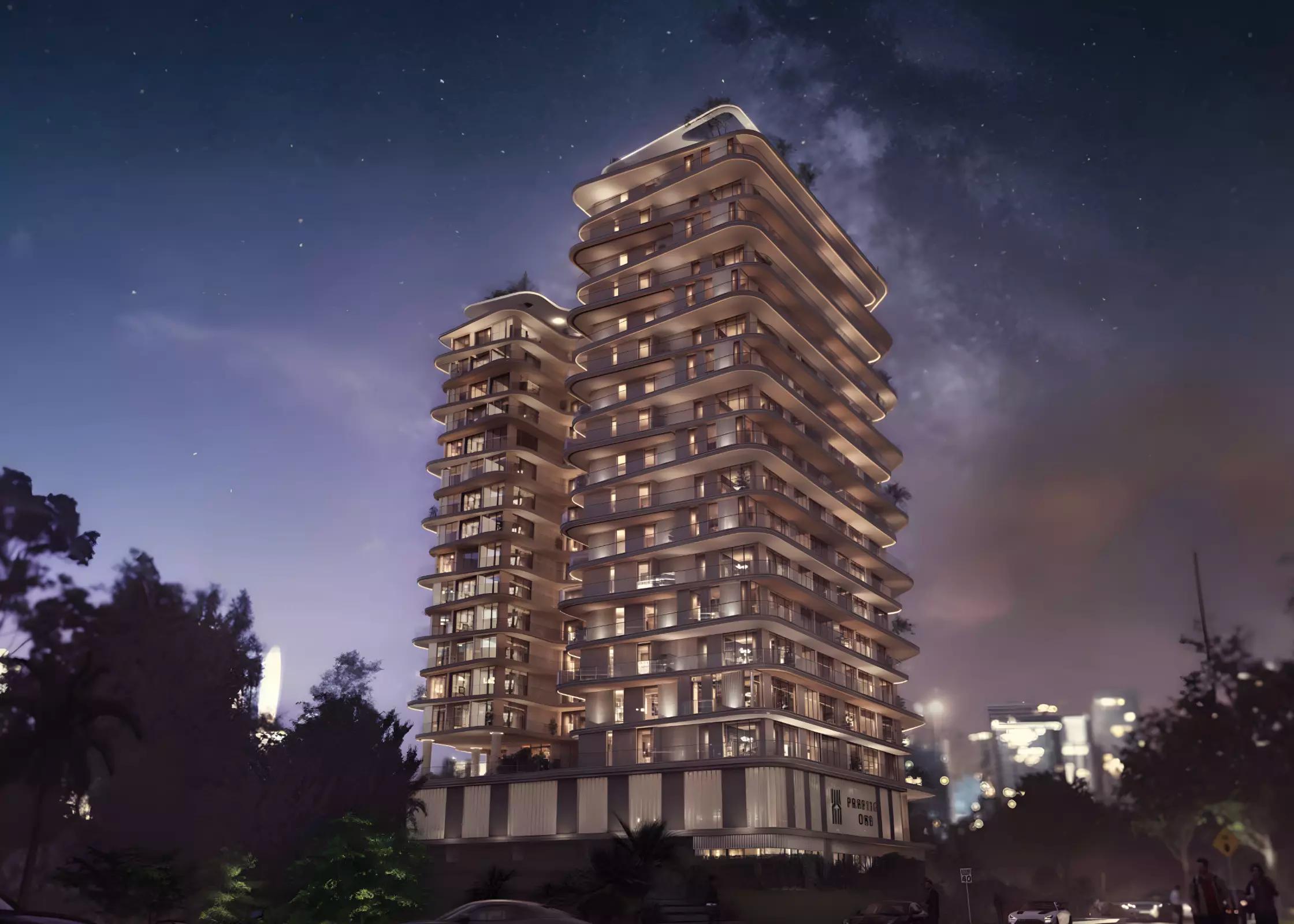 The Boulevard apartment building street-level view, Dubai Land
