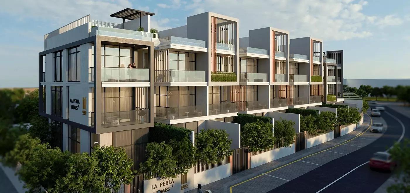 La Perla Homes 12 exterior view of townhouse and villa cluster, JVC District 12, Dubai