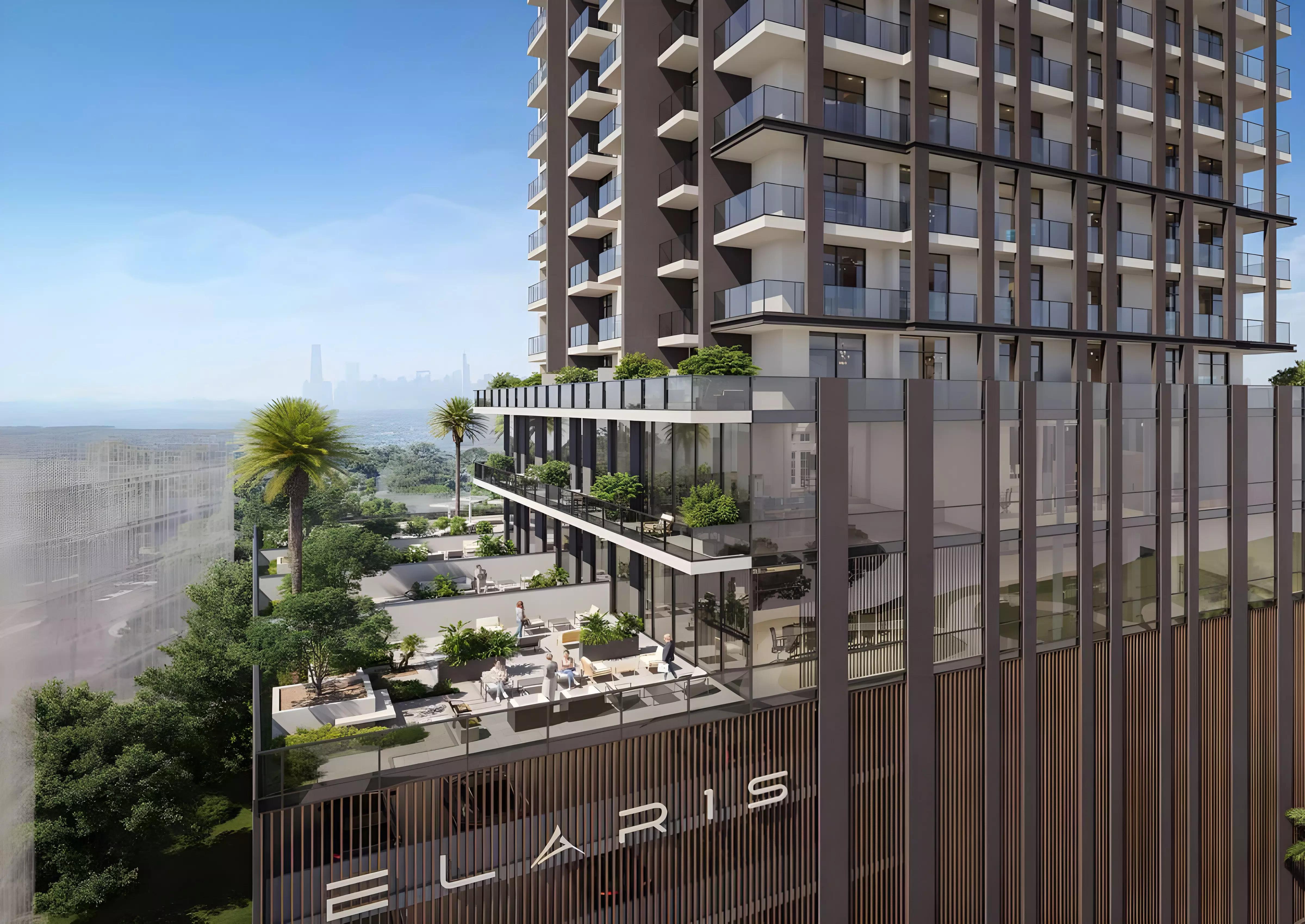Elaris Rise residential tower street view, JVT, Dubai
