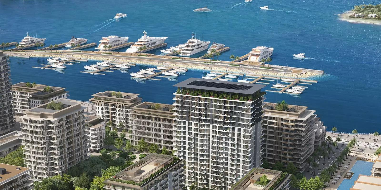 Seascape residential tower facade overlooking Mina Rashid marina, Dubai