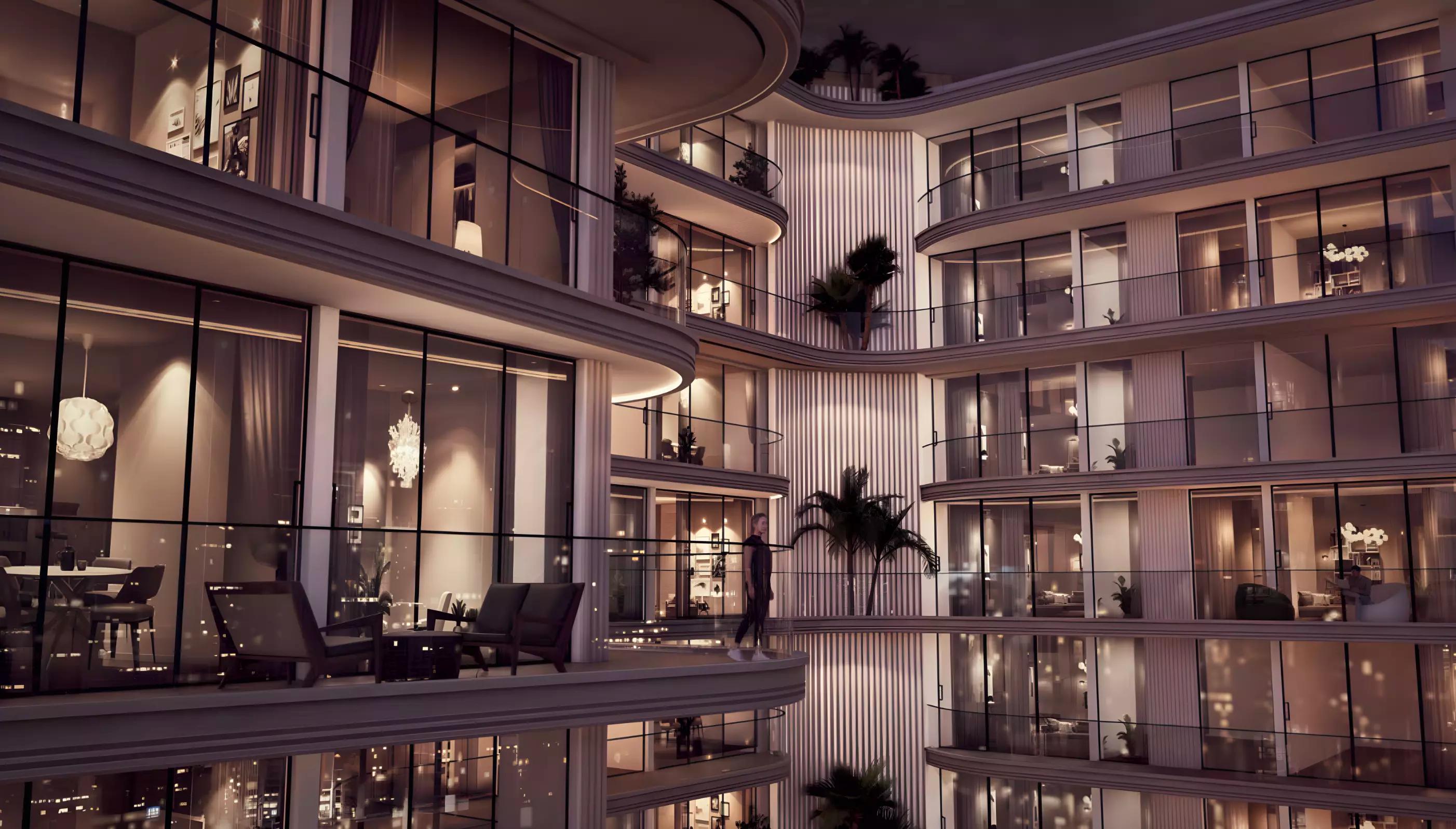 The Boulevard building exterior with landscaping, Dubai Land Residence Complex