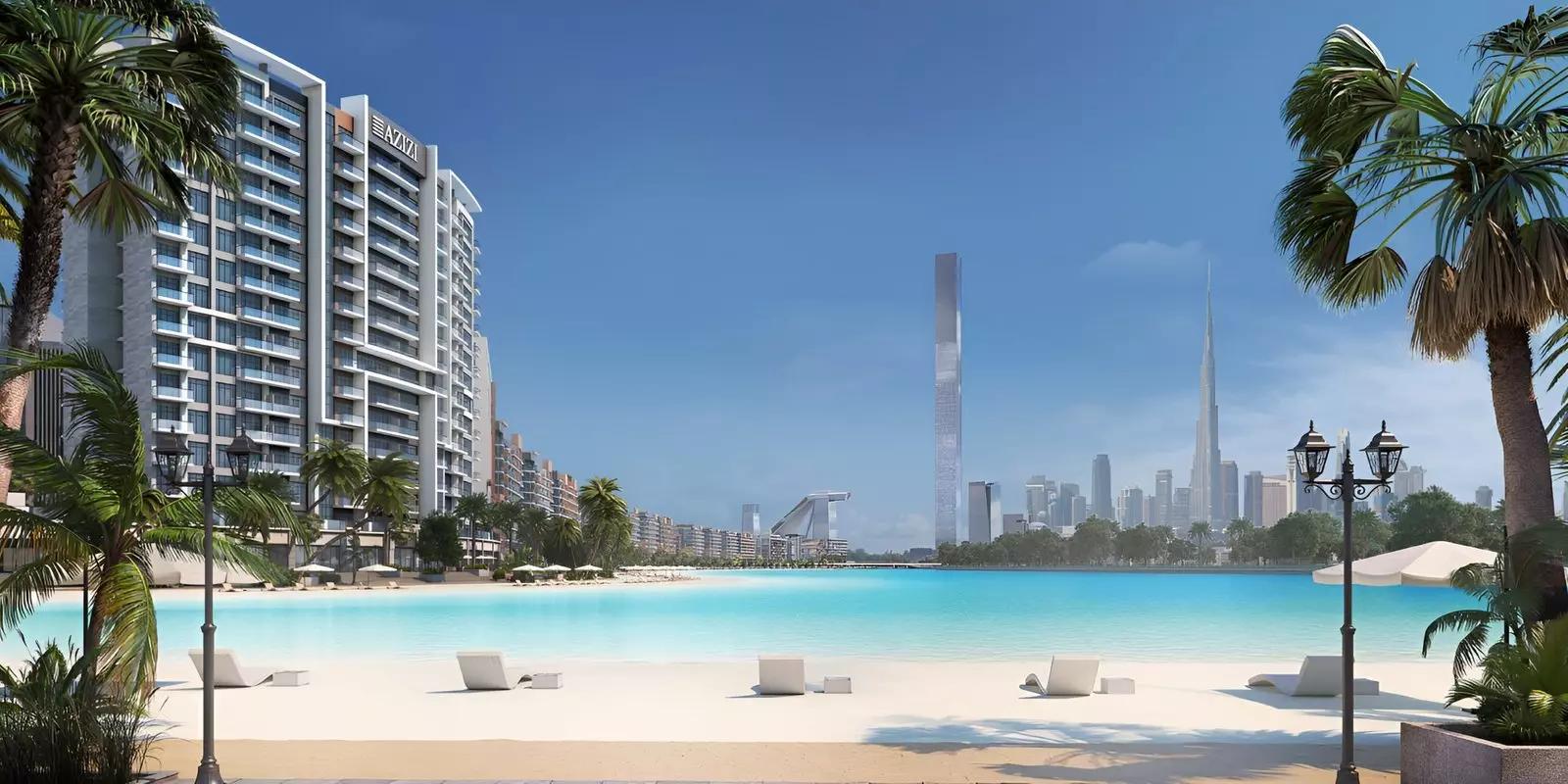 Azizi Riviera 34 building view along the canal promenade, Meydan, Dubai