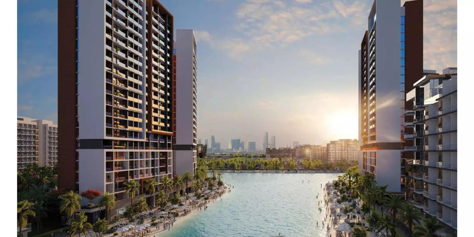 Azizi Riviera 65 building view from canal walkway, Meydan One, Dubai