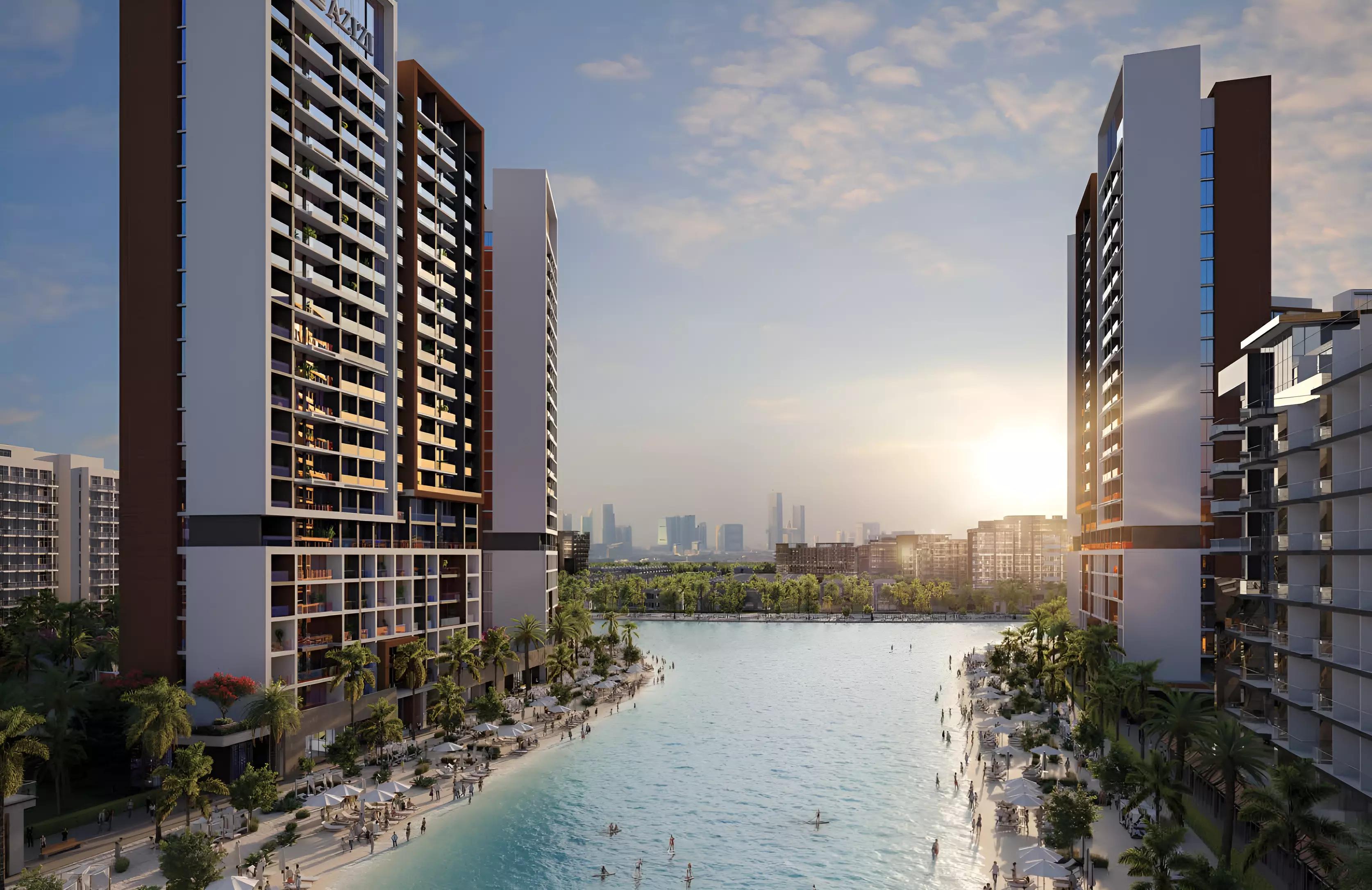 Landscaped courtyard and gardens at Azizi Riviera, Meydan One