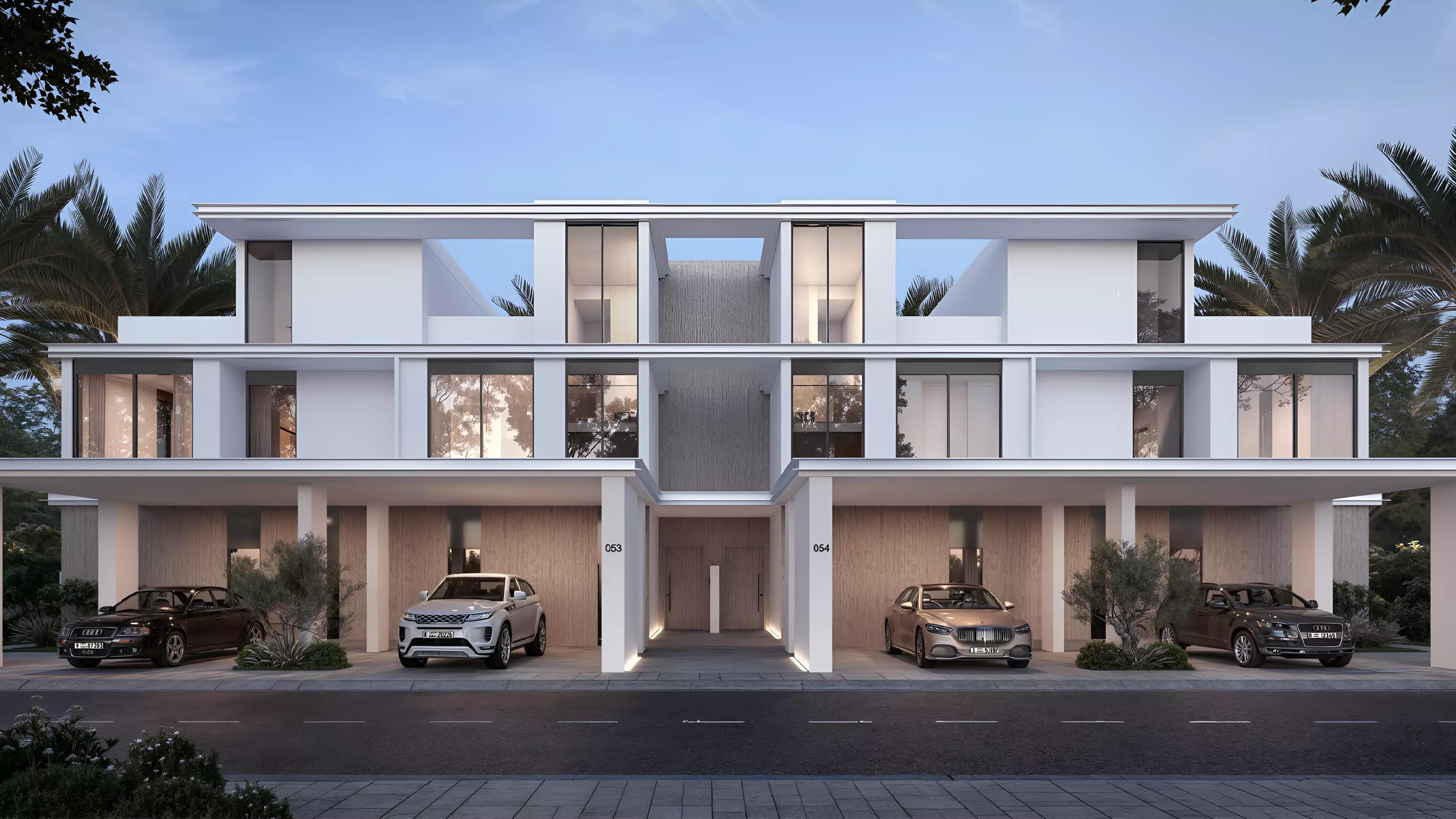 Greenway townhouse street view with landscaping, Emaar South