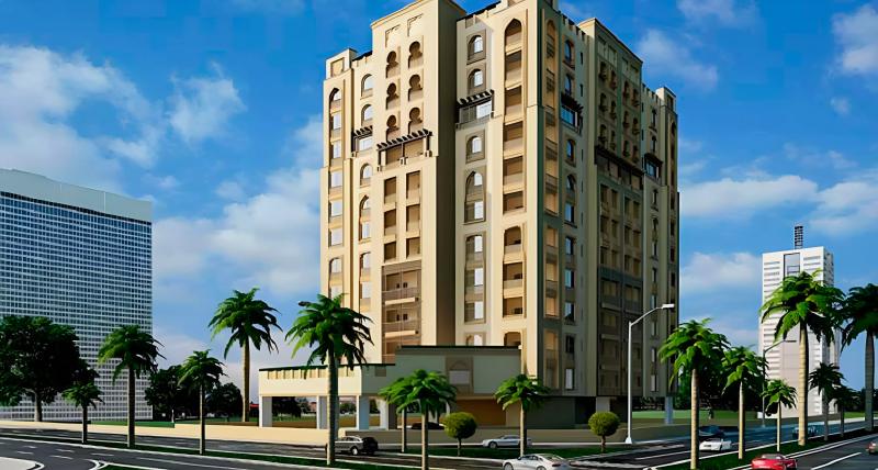 Exterior facade of Arabian Gate Phase 2 apartment building in Dubai Land