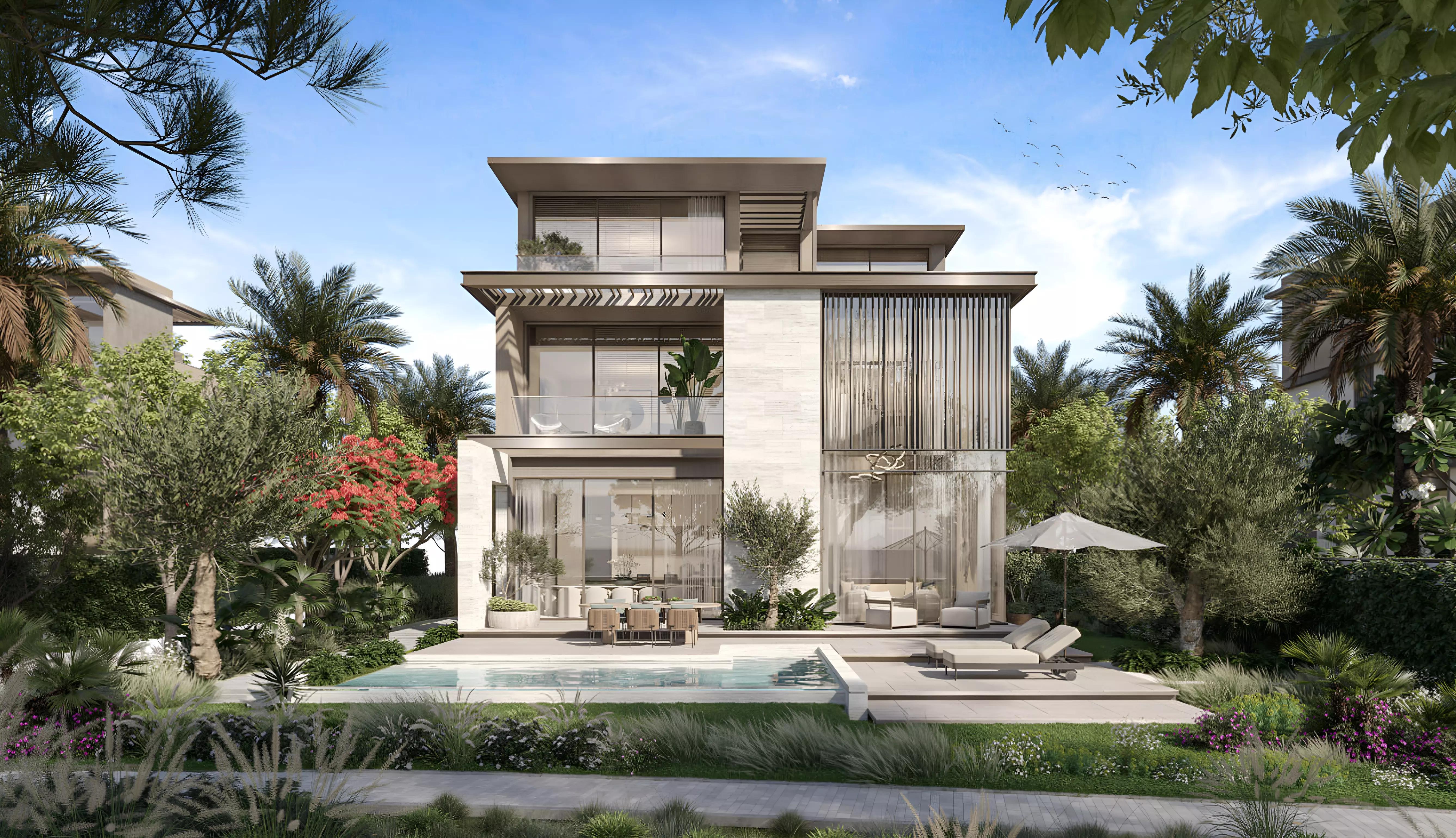 Townhouse row with landscaped garden at Nad Al Sheba Gardens Phase 8