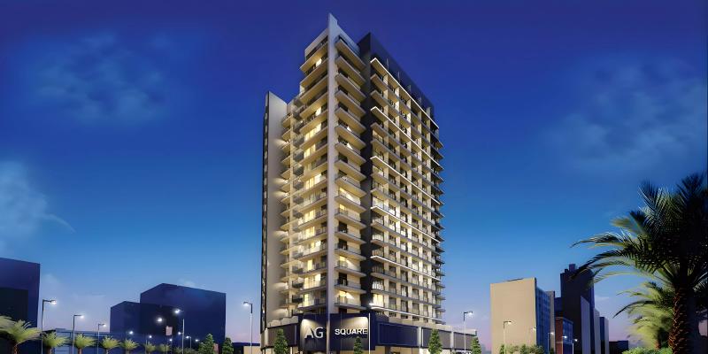 AG Central residential tower exterior in Dubai Land Residence Complex, Dubai