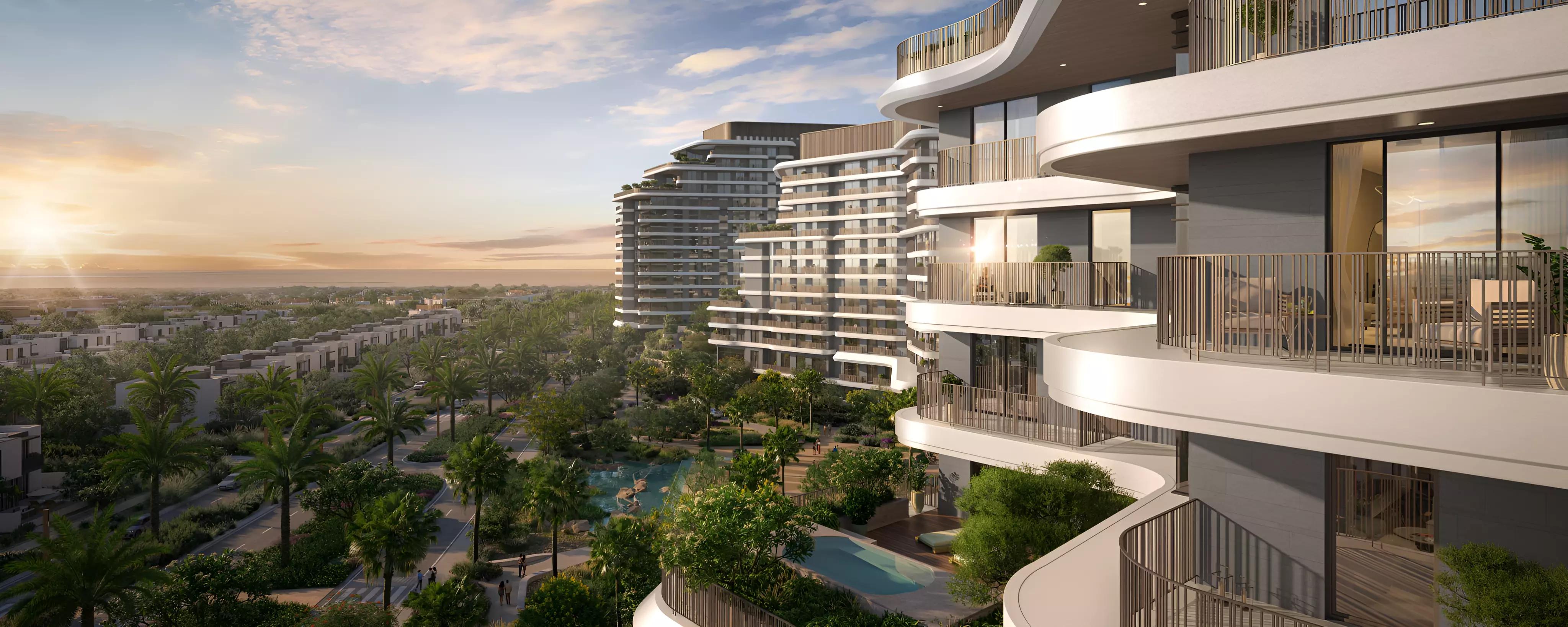 Moss residential facade and outdoor communal area, Verdes, Haven by Aldar