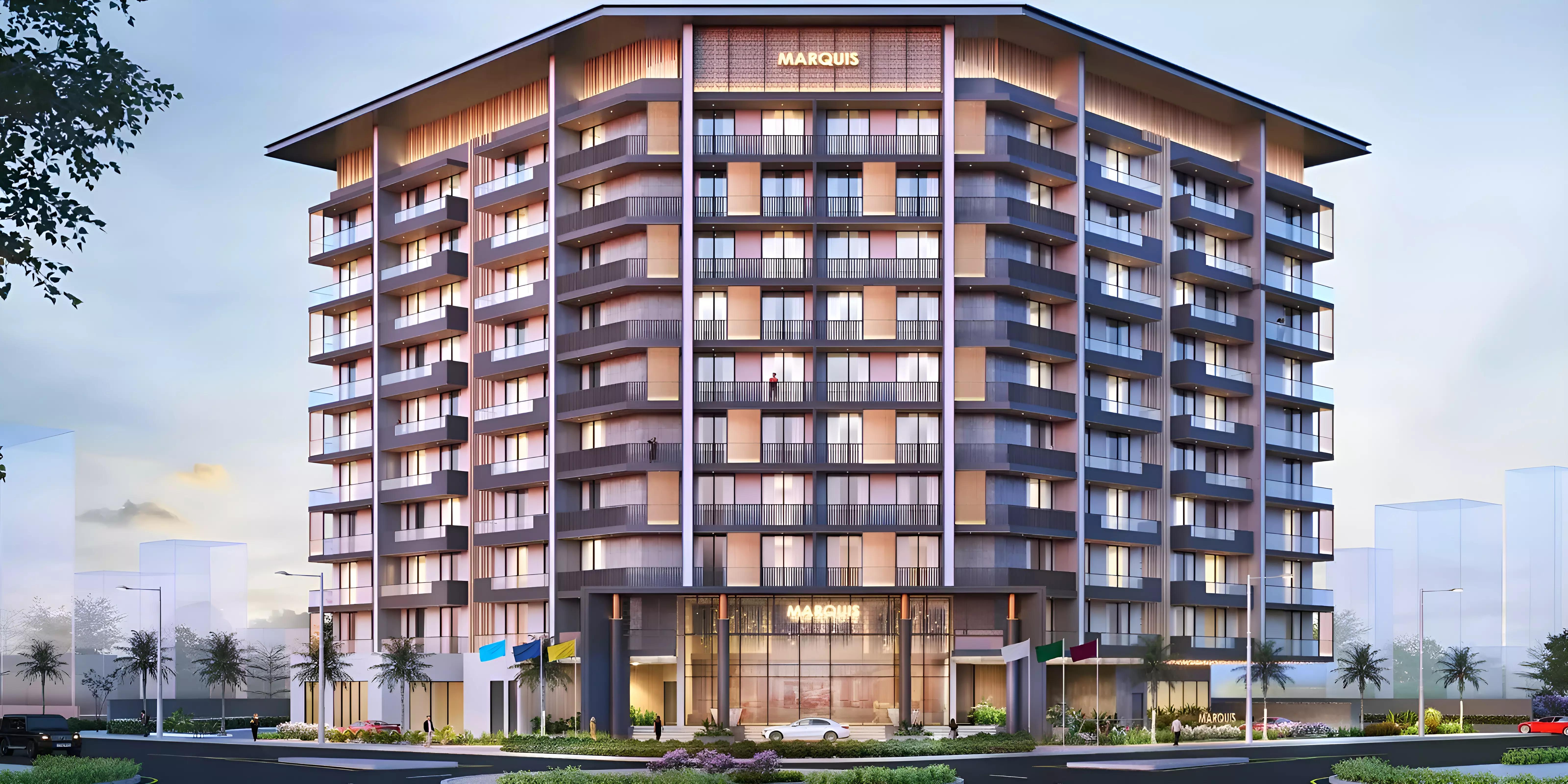 Marquis Galleria residential tower exterior in Arjan, Dubai