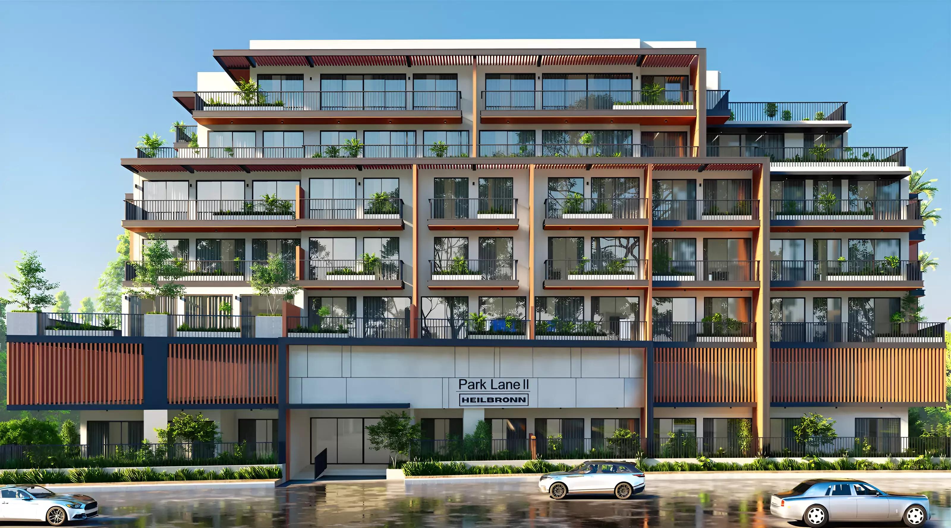 Exterior facade of Heilbronn Park Lane Phase 2 apartment building in JVC, Dubai