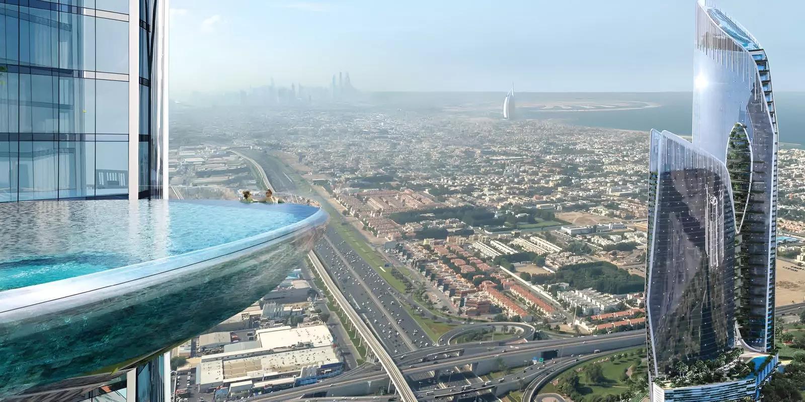 Safa Two building facade and skyline view, Business Bay, Dubai