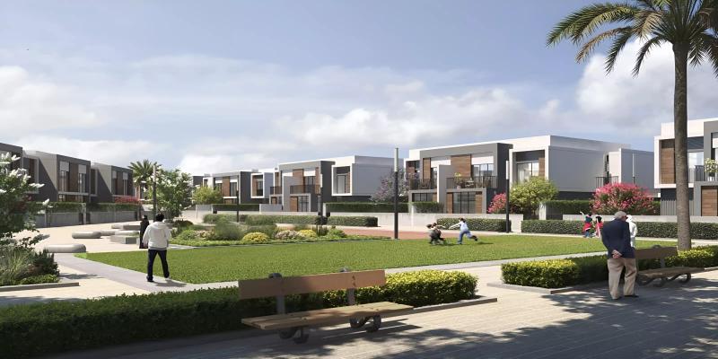 The Pulse Beachfront Phase 2 villa exterior with landscaped frontage, Dubai South
