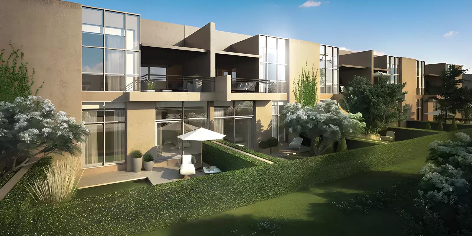 Landscaped garden area between townhouse rows at Senses at The Fields, Dubai