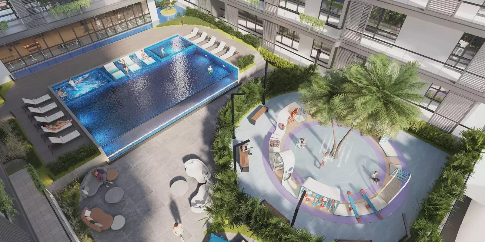 Olivia Residences private garden and outdoor seating, Dubai Investment Park, Dubai