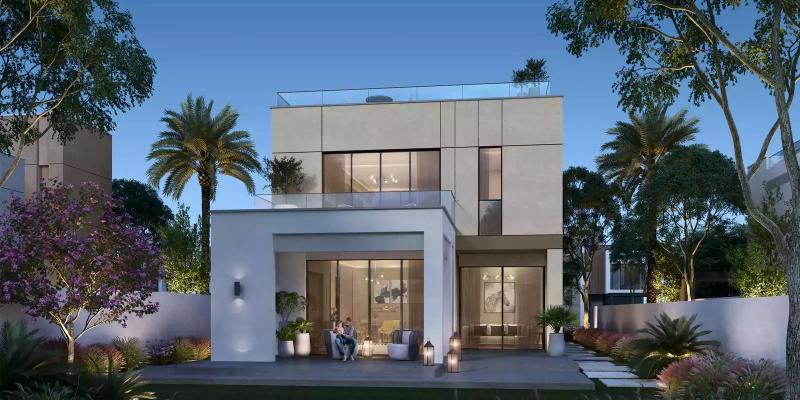 Caya Phase 2 villa exterior with landscaped front garden, Arabian Ranches 3, Dubai
