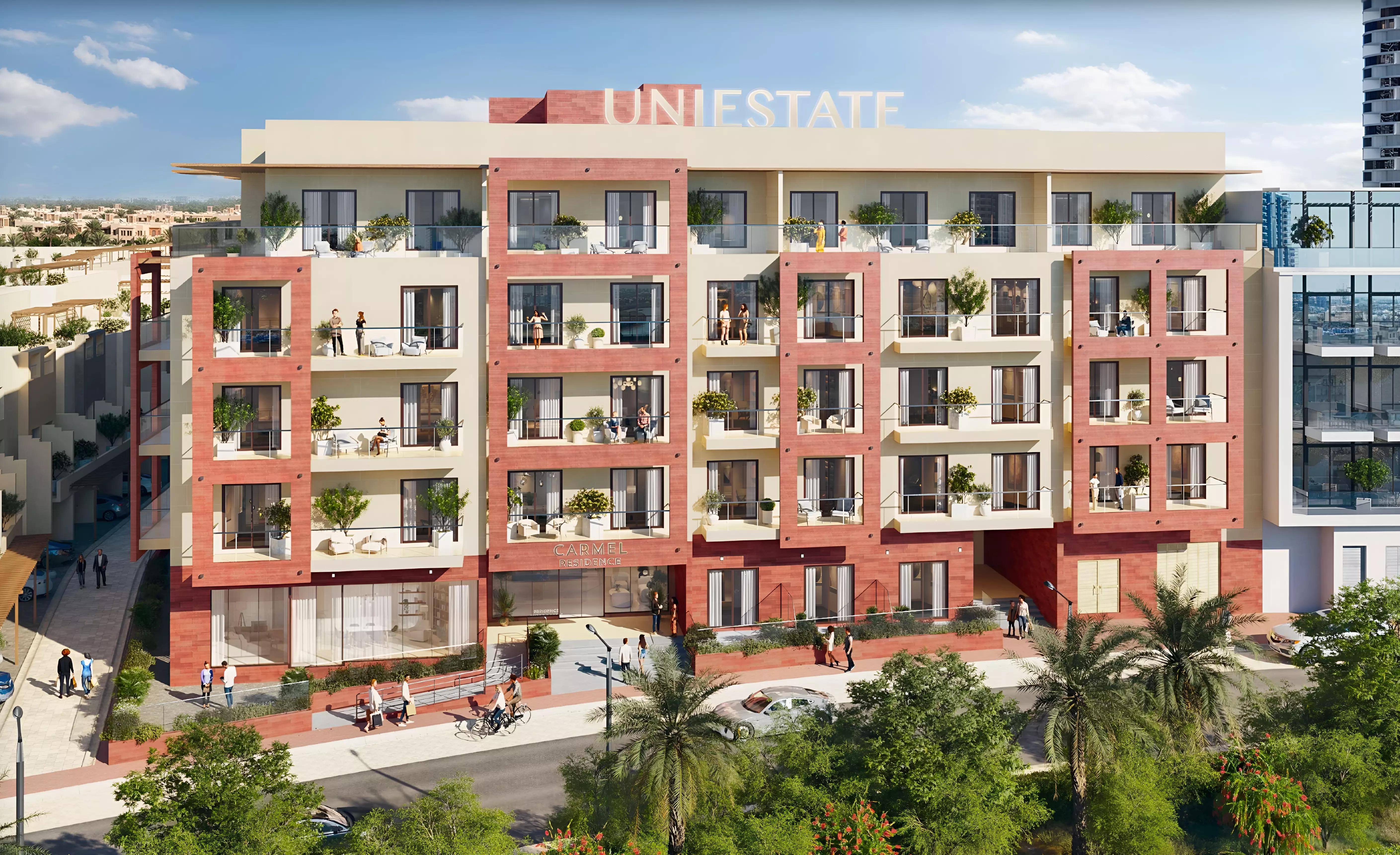 Carmel Residences exterior building facade, Jumeirah Village Circle, Dubai
