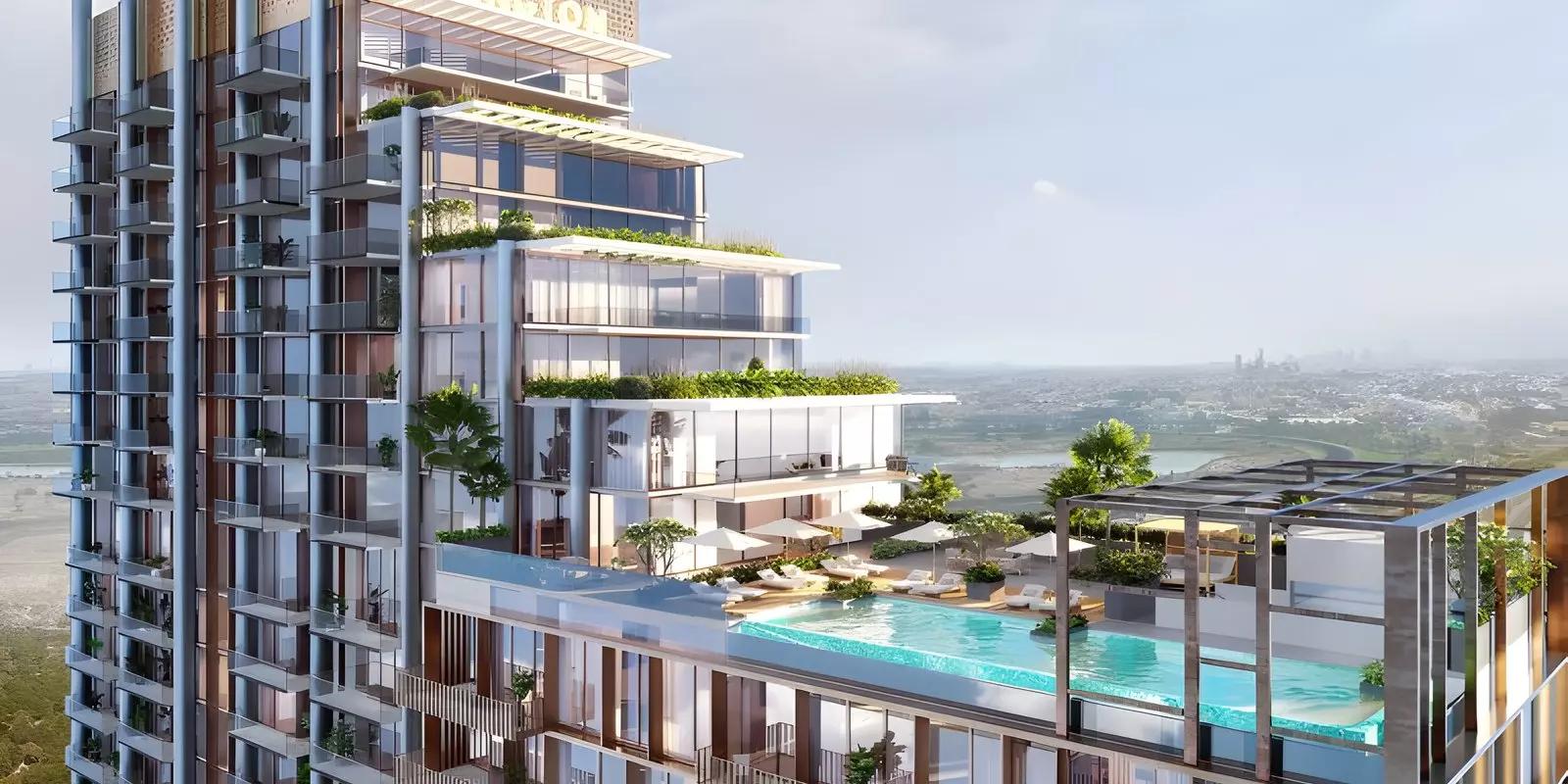 The Highbury residential tower street-level view, Sobha Hartland, Dubai