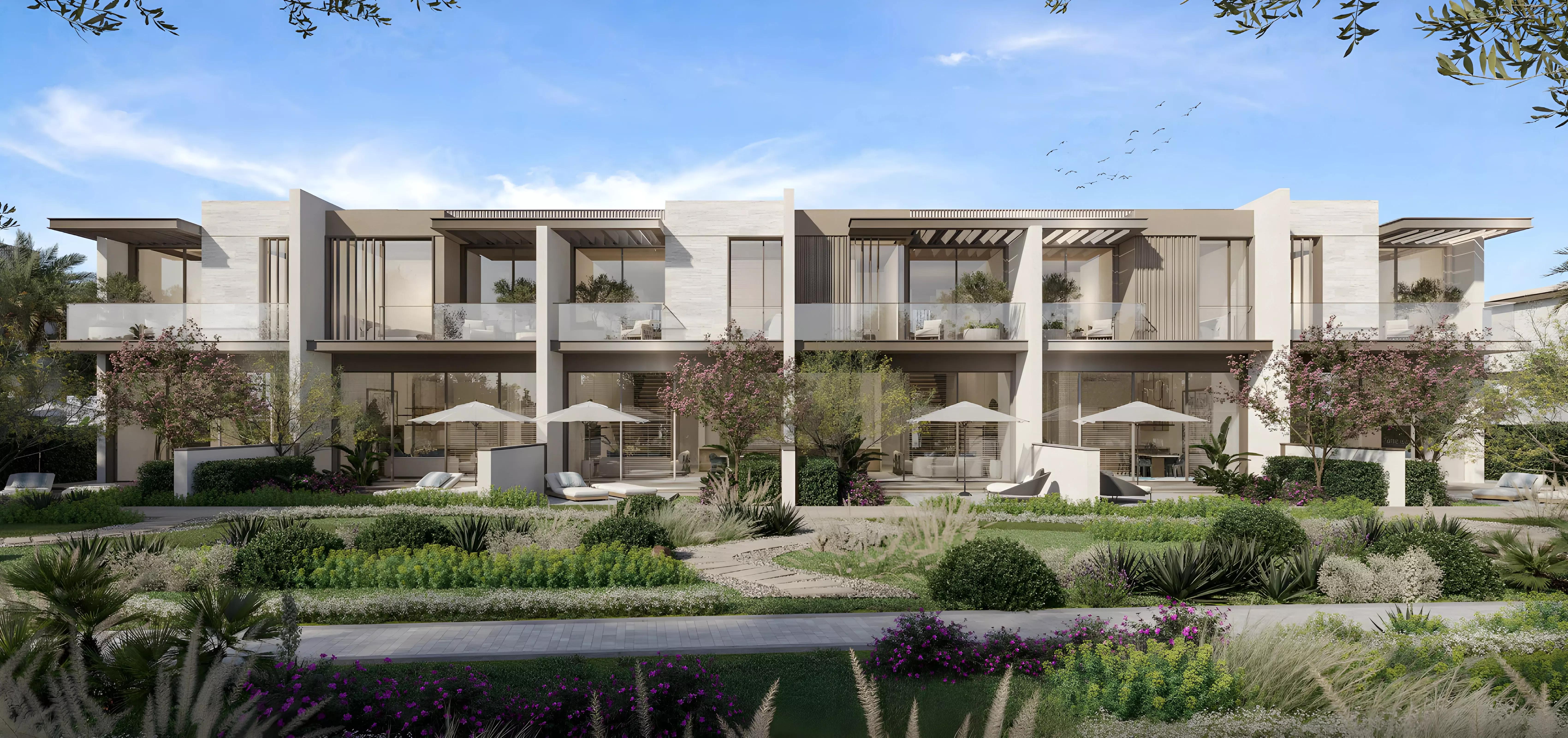 Nad Al Sheba Gardens 10 townhouse exterior with landscaped front garden, Nad Al Sheba, Dubai