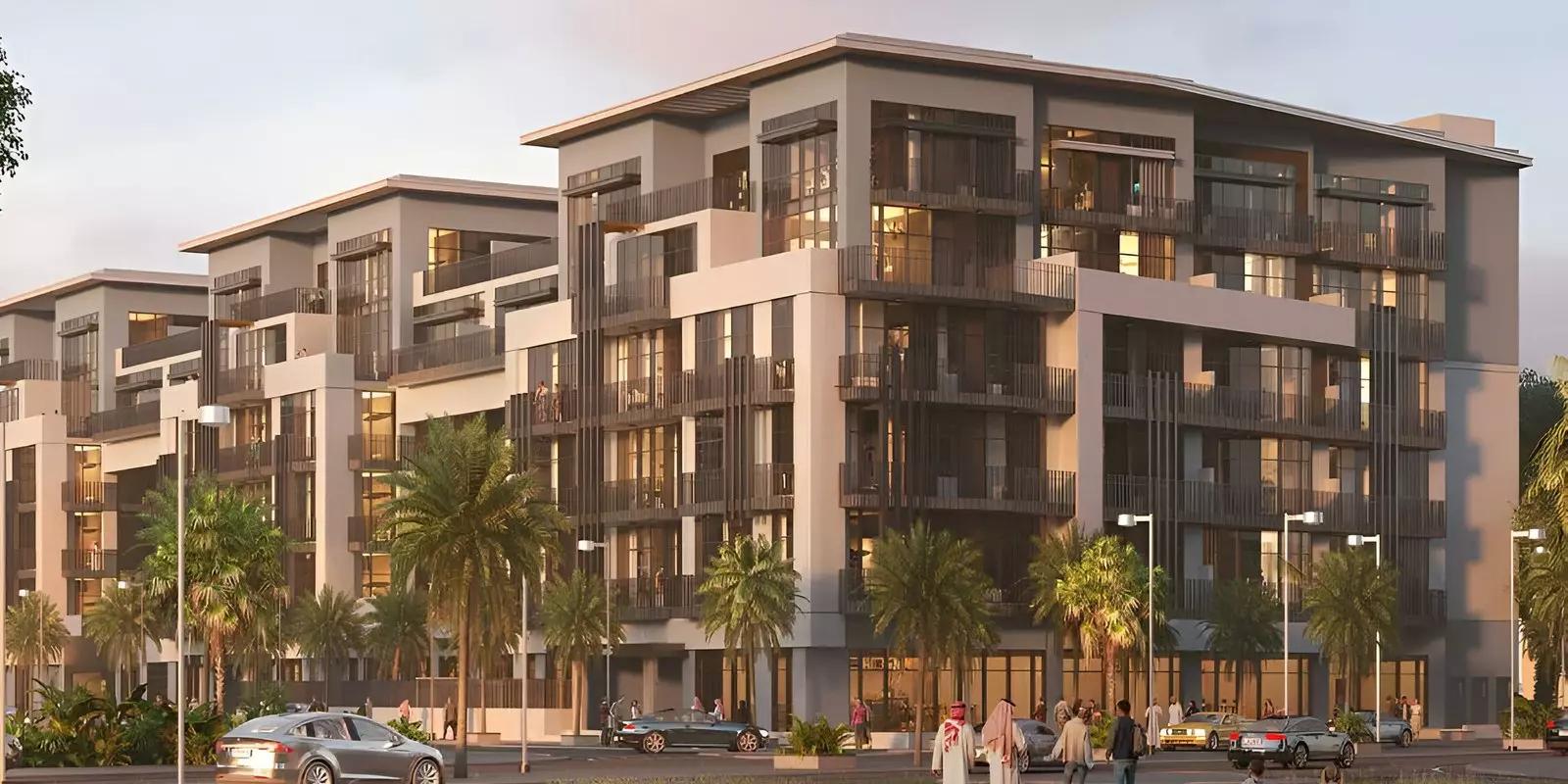 Parkwood Residence building view showing balconies and landscaping, JVC, Dubai