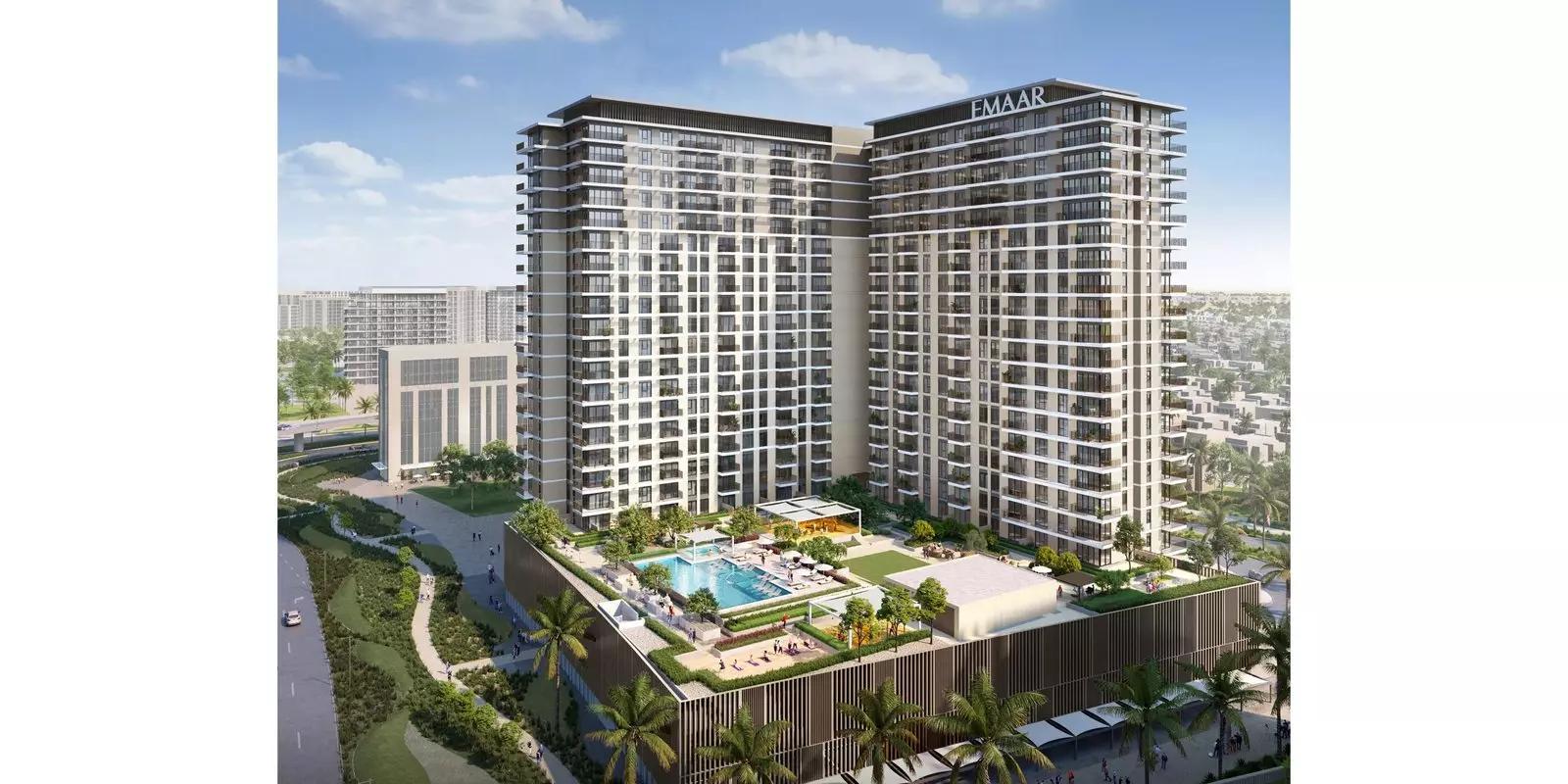 Hills Park building amenity terrace overlooking Dubai Hills Estate