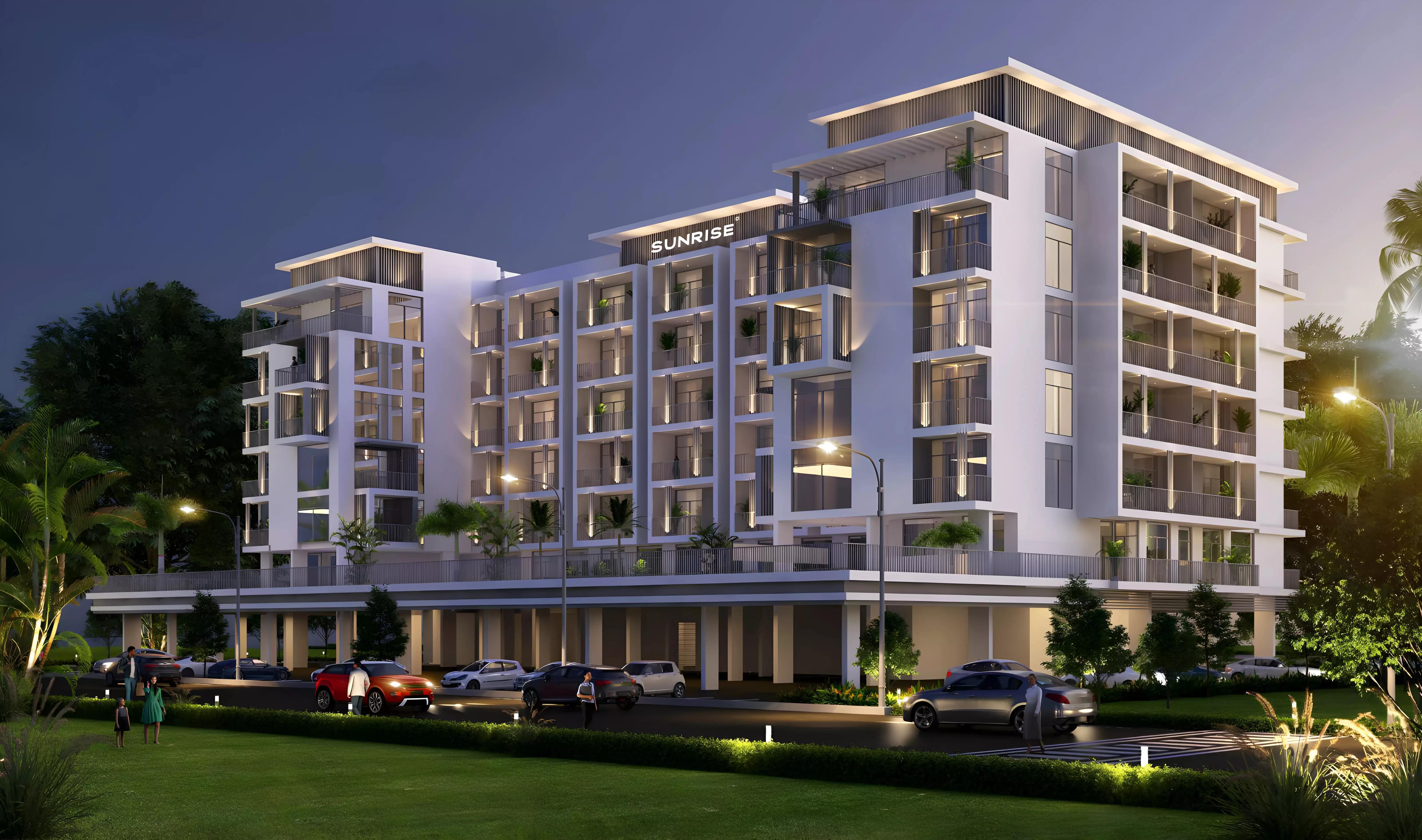 Exterior facade of Legacy by Sunrise apartment building in Arjan, Dubai