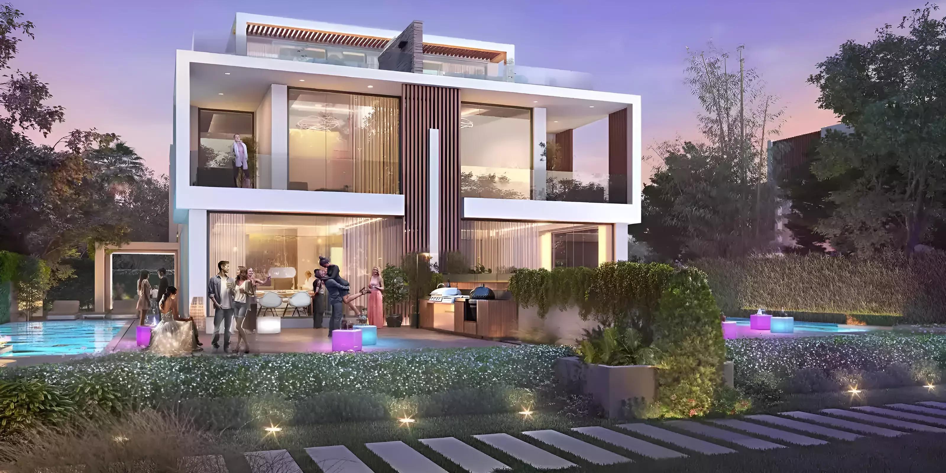 Park Greens villa exterior with landscaped front garden, DAMAC Hills, Dubai