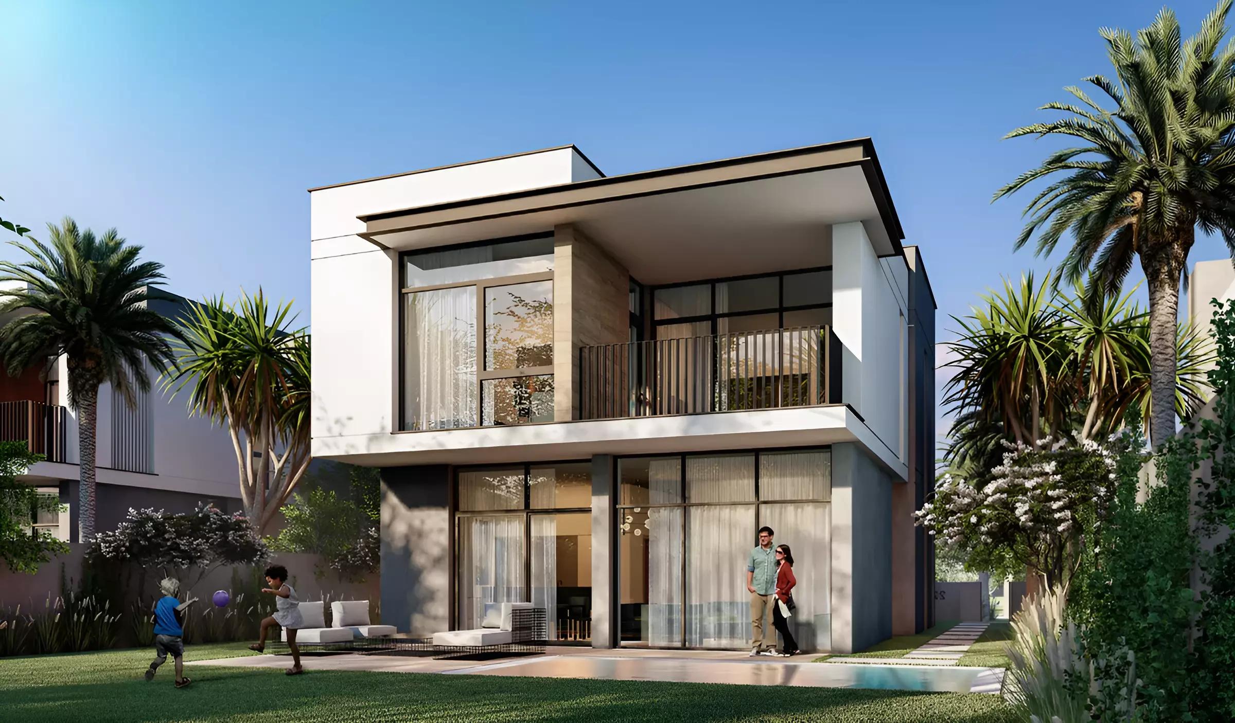 Tilal Al Furjan villa facade and private garden view, Al Furjan, Dubai