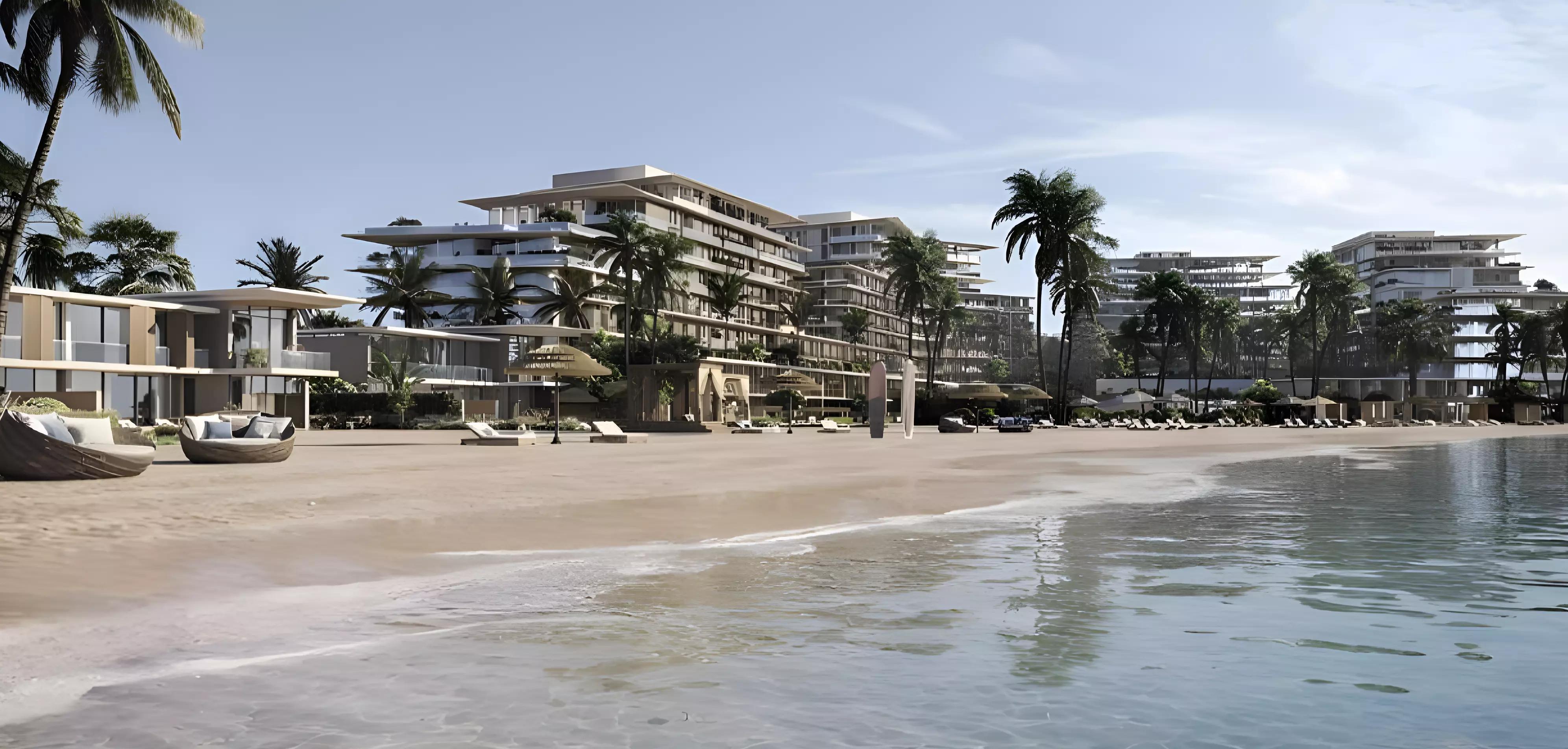Rixos Beach Residences Phase 2 building facade at dusk, Dubai Islands