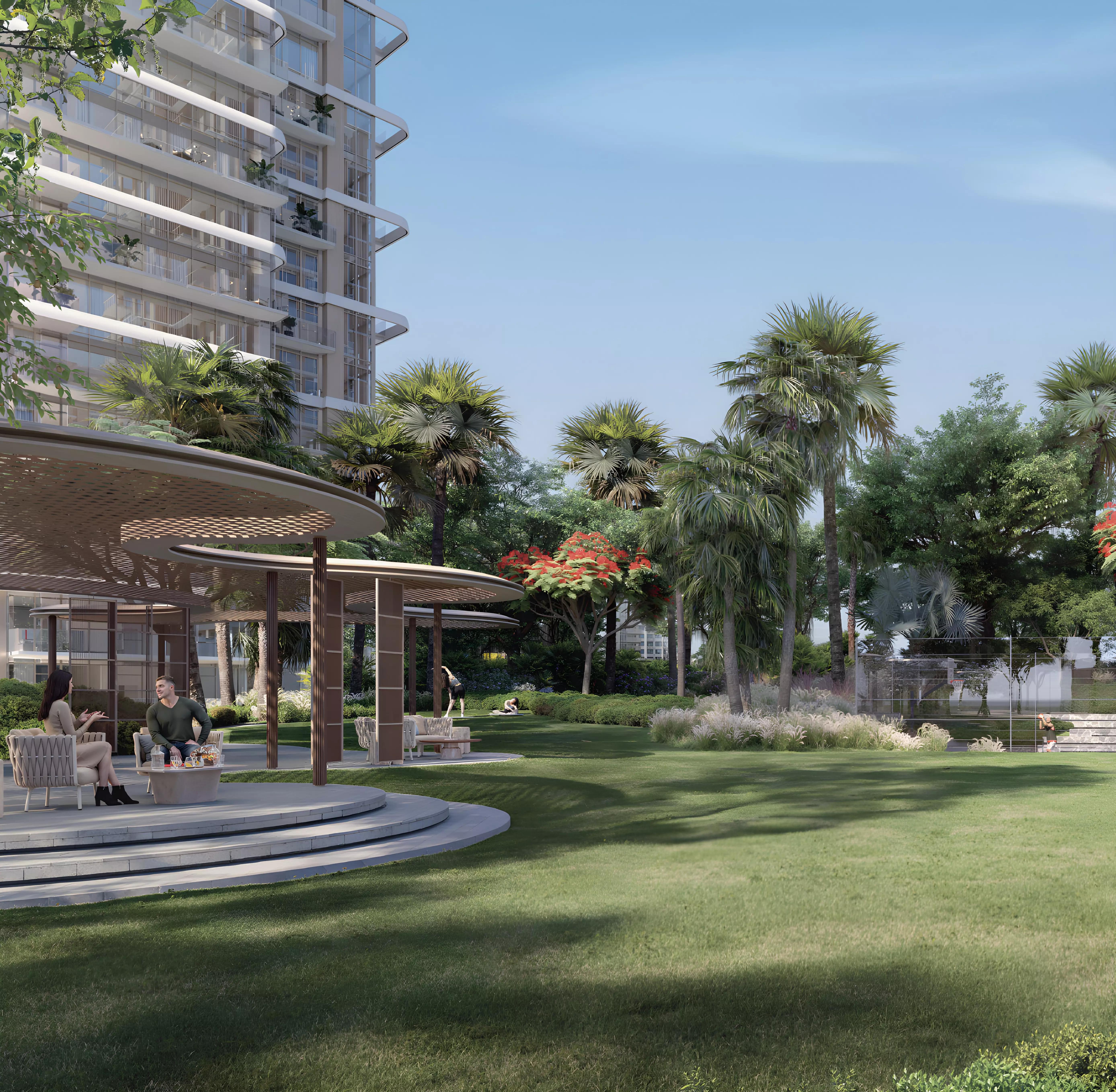 Landscaped gardens surrounding East Residence 4 apartment building, Jumeirah Islands