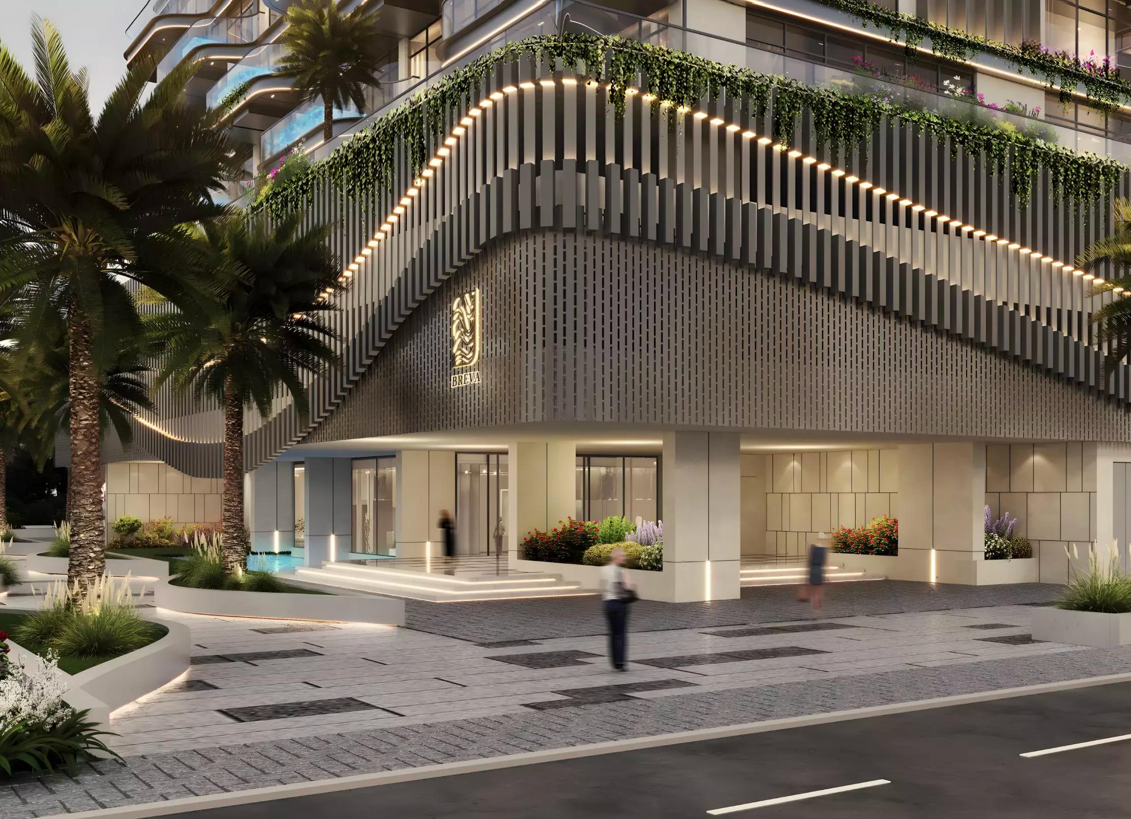 Breva apartment building elevation with waterfront masterplan setting, Dubai Islands