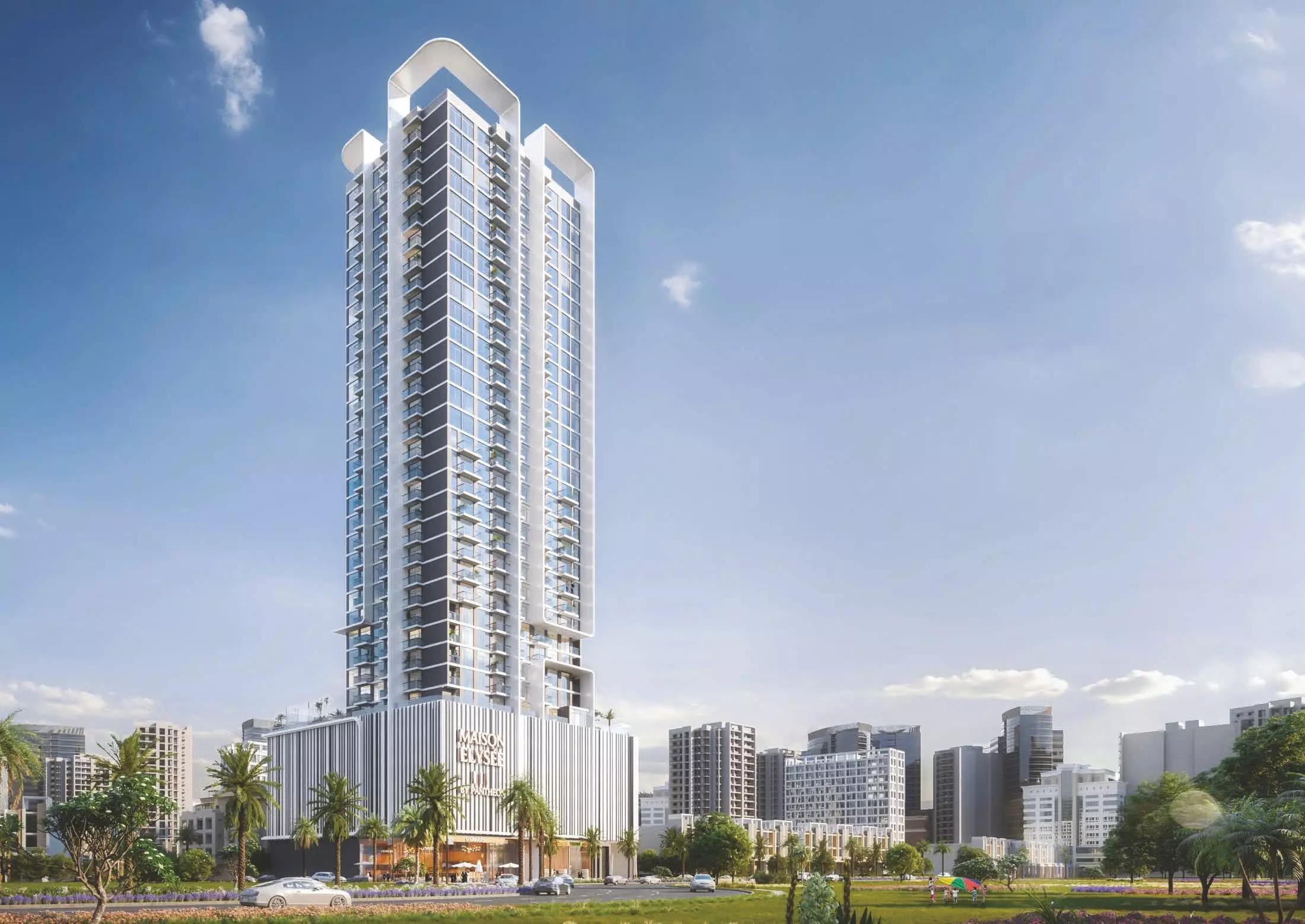 Maison Elysee 3 building elevation with landscaping, JVC, Dubai