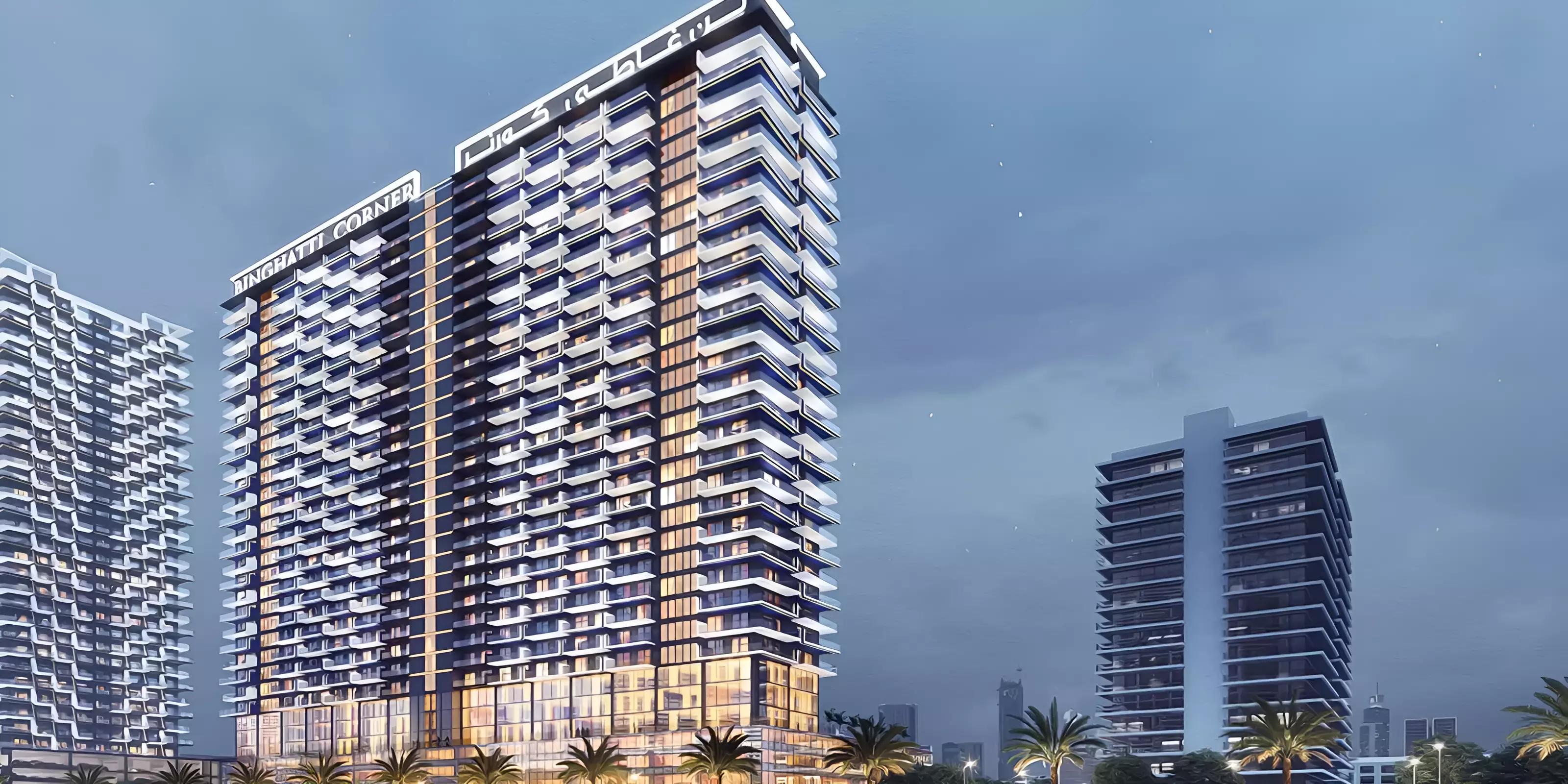 Binghatti Amber facade and entrance, Jumeirah Village Circle, Dubai