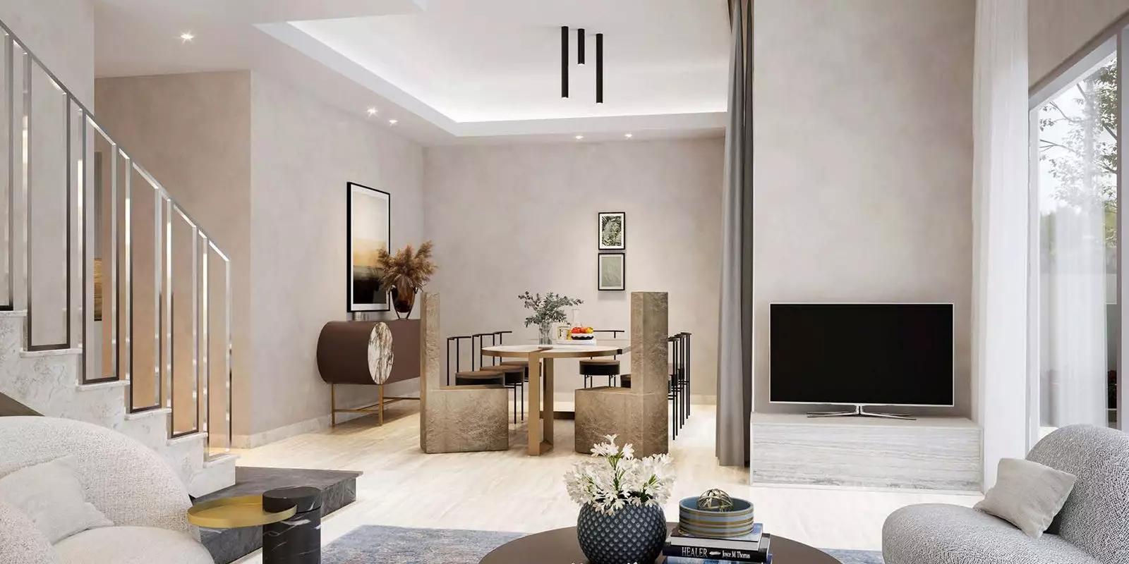 Sevilla Village community street view with villas, Victory Heights, Dubai Sports City