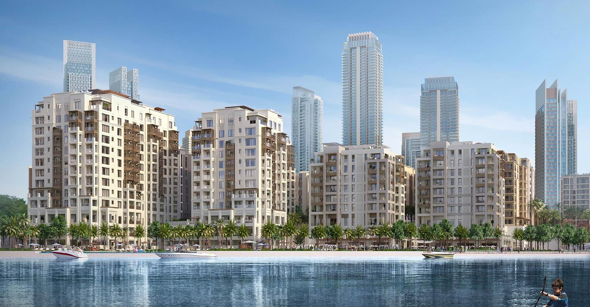 The Grove at Creek Beach — waterfront residences with the Dubai Creek Harbour skyline