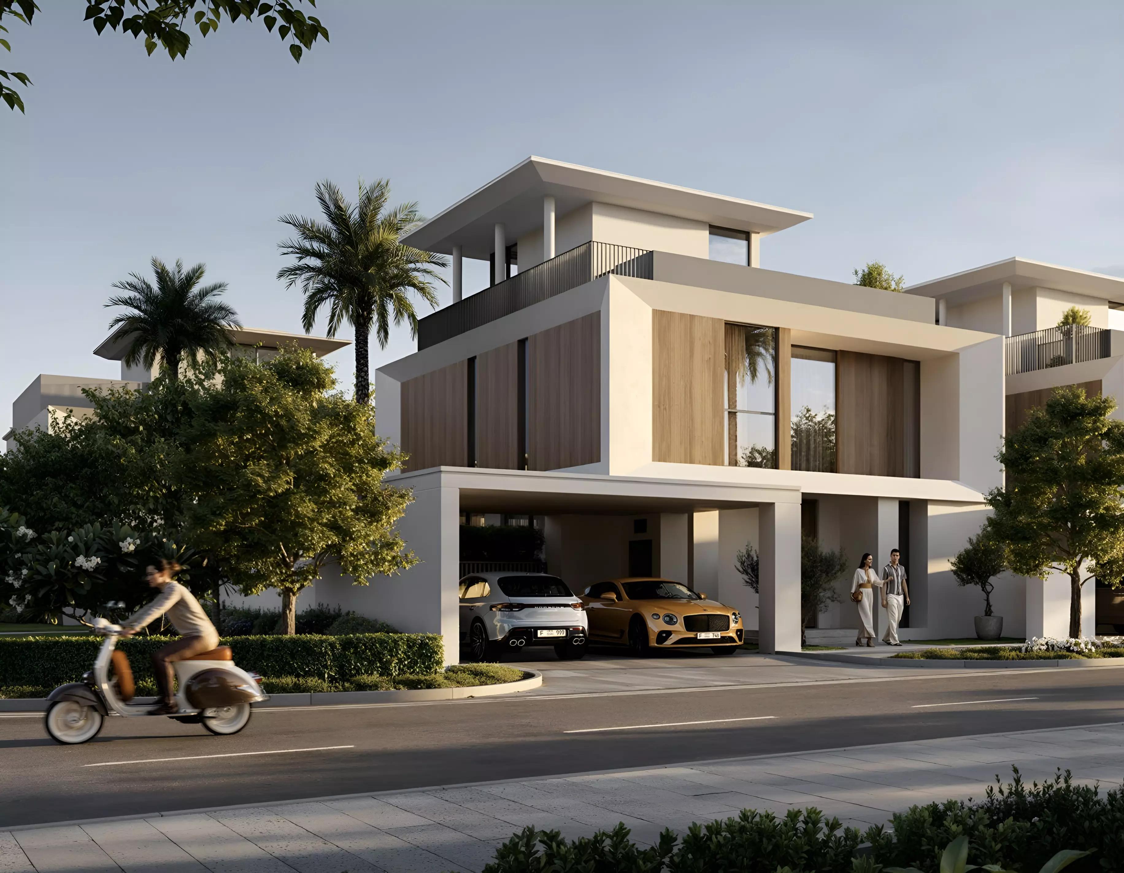 Selvara villa facade and driveway, Emaar development, Dubai Investment Park 2