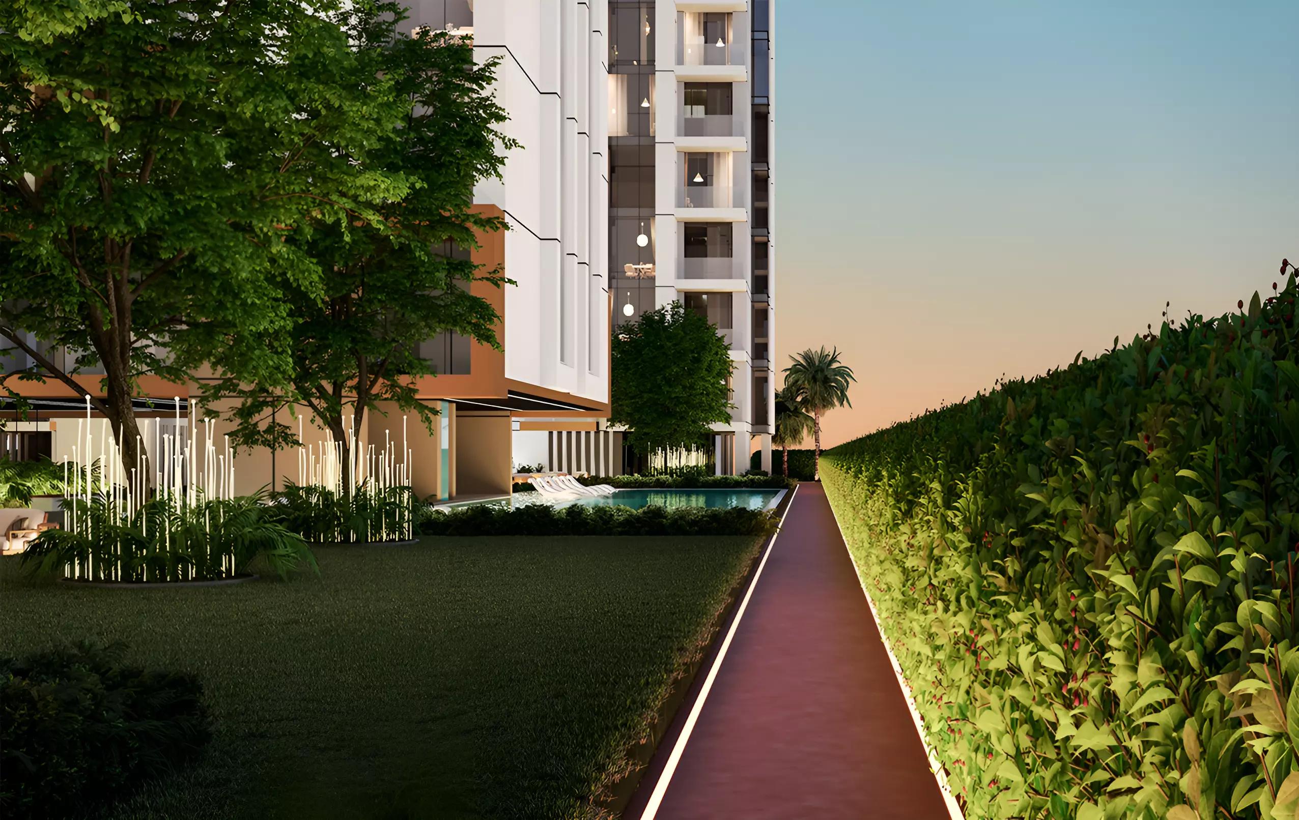 Levanto by Oro24 building entrance and landscaping, Jumeirah Village Circle, Dubai