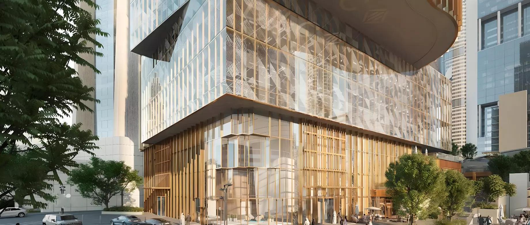 DIFC Living building entrance and podium, DIFC, Dubai