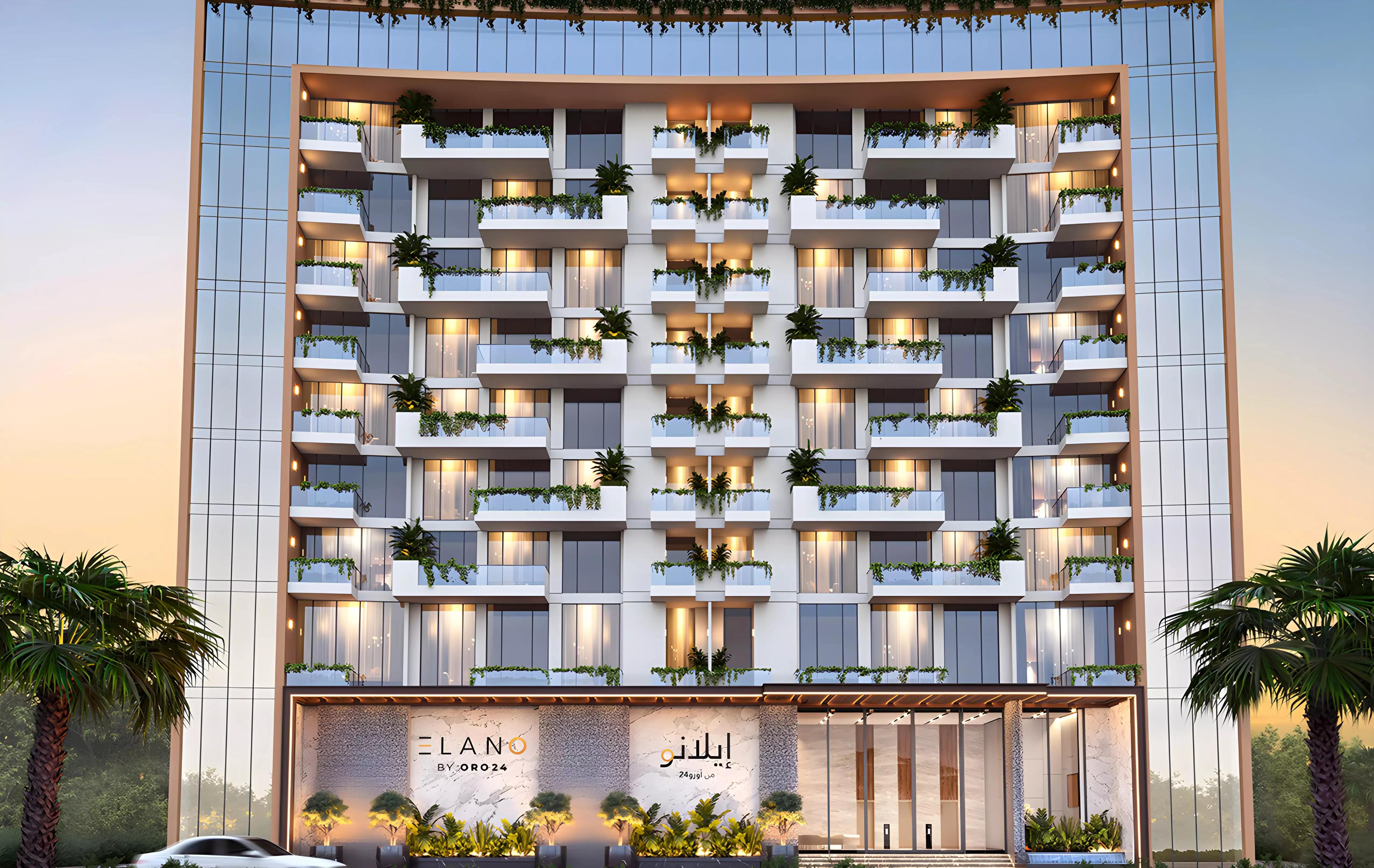 Elano by Oro24 building elevation and entrance, Arjan, Dubai