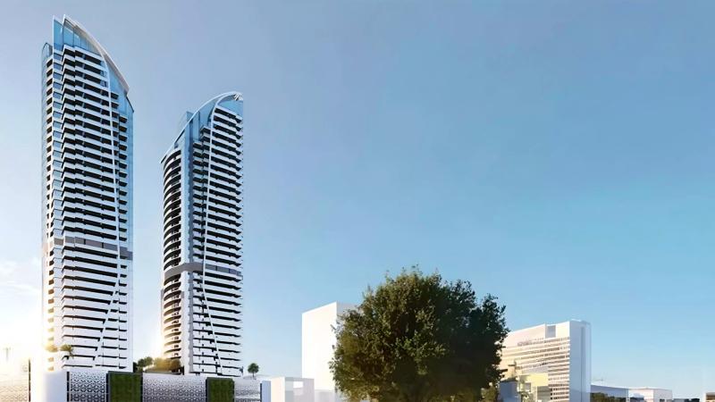 Red Square Tower exterior facade view in Jumeirah Village Triangle, Dubai