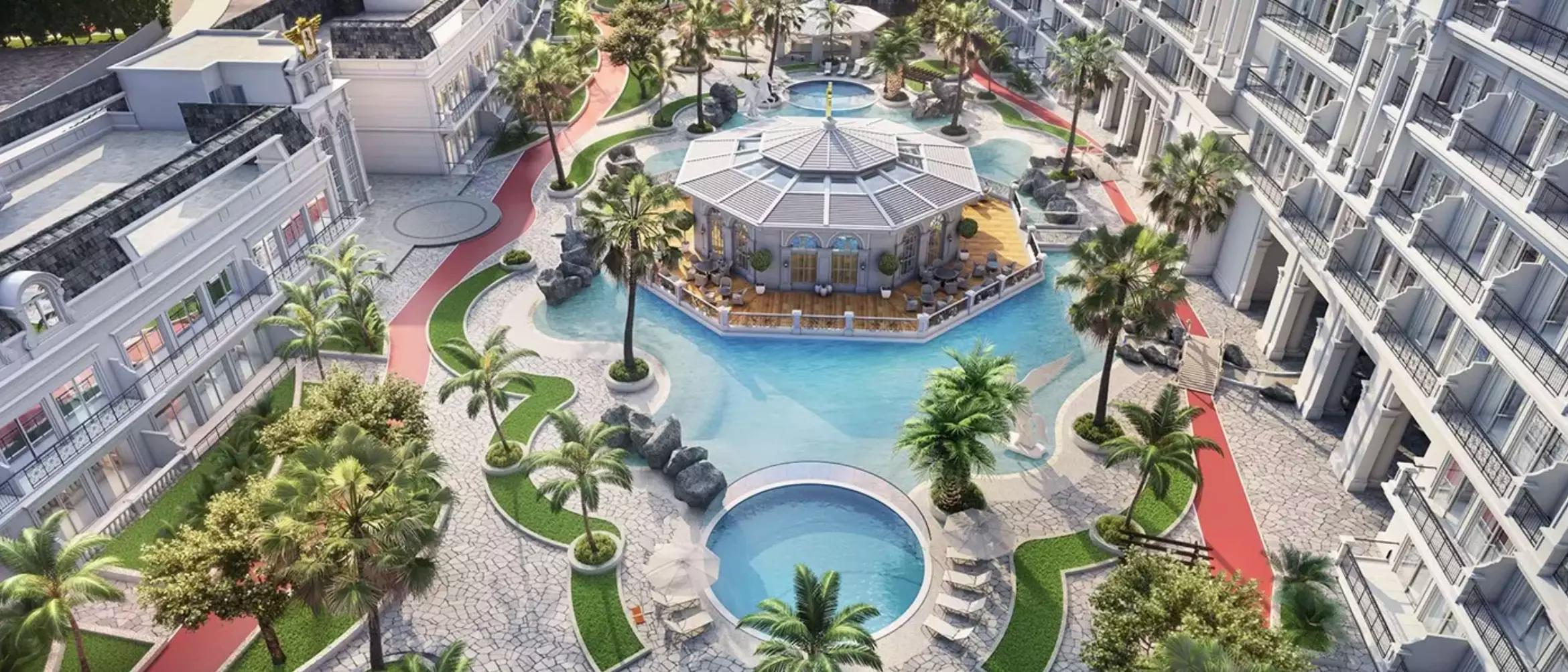 Landscaped gardens and outdoor seating area at Vincitore Aqua Flora