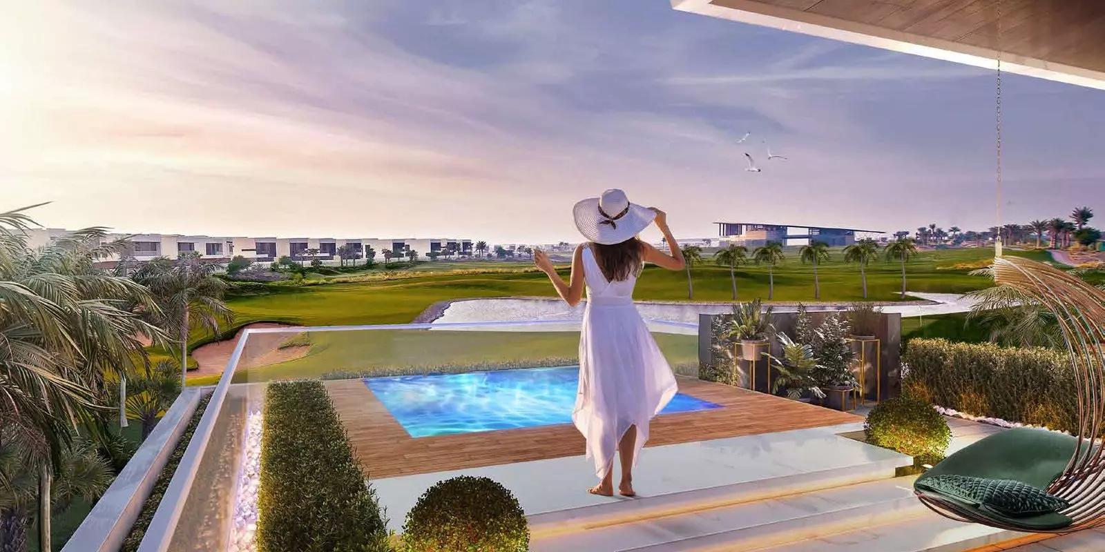 Beverly Hills Drive villa cluster aerial view, DAMAC Hills, Dubai