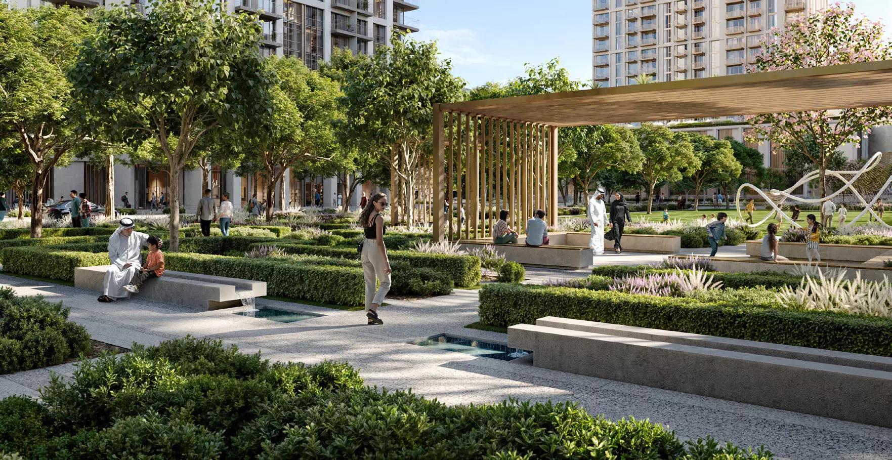 Arlo landscaped gardens and community walkway, Dubai Creek Harbour